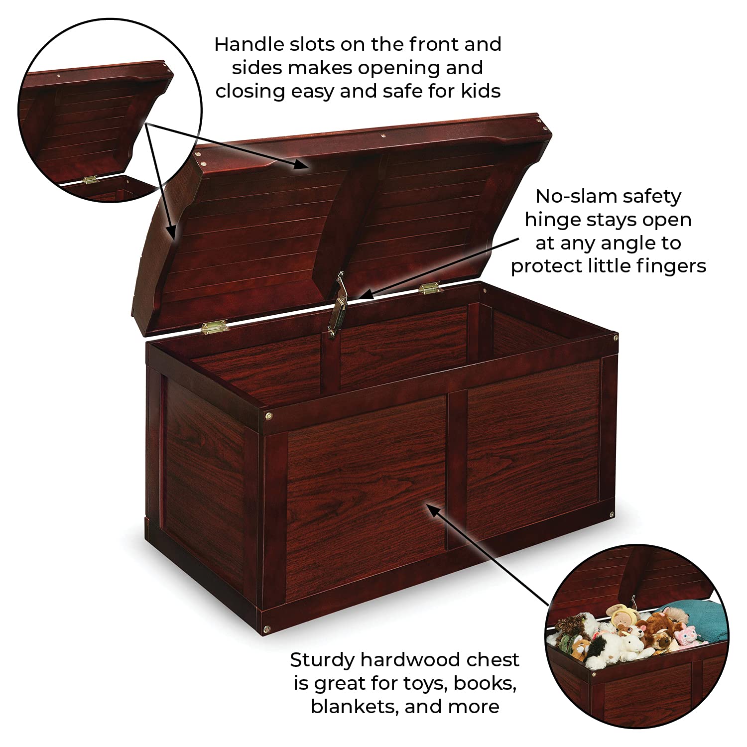 Badger Basket Kids Hardwood Toy Storage Chest with Safety Hinge - Natural Cherry Finish | Durable Wooden Toy Box for Nursery, Playroom & Bedroom Organization