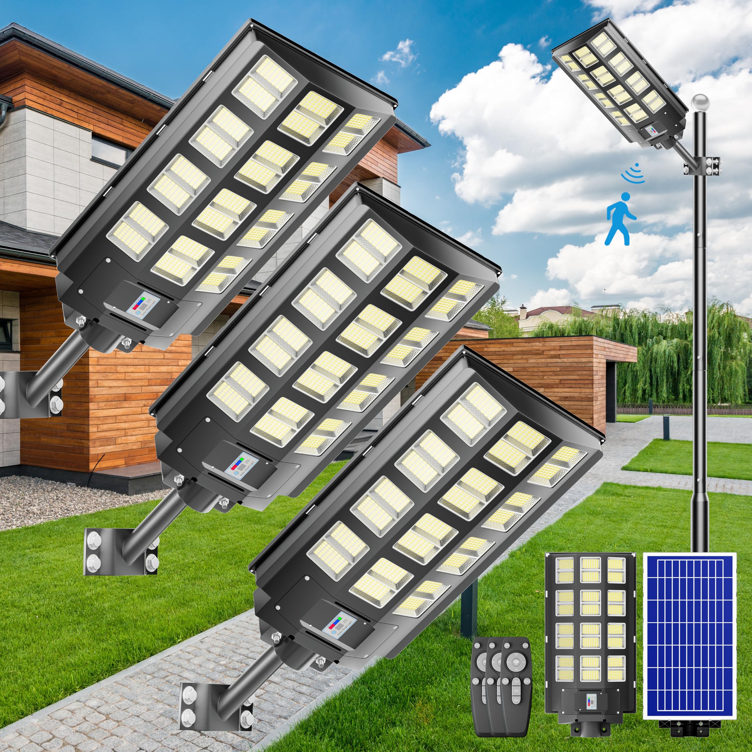 6800W Solar Street Lights 3-Pack - 240000LM IP67 Waterproof Outdoor Solar Lights with Motion Sensor & Remote Control - Dusk to Dawn, Wide Angle Lamp for Parking Lots, Driveways, Gardens & Pathways
