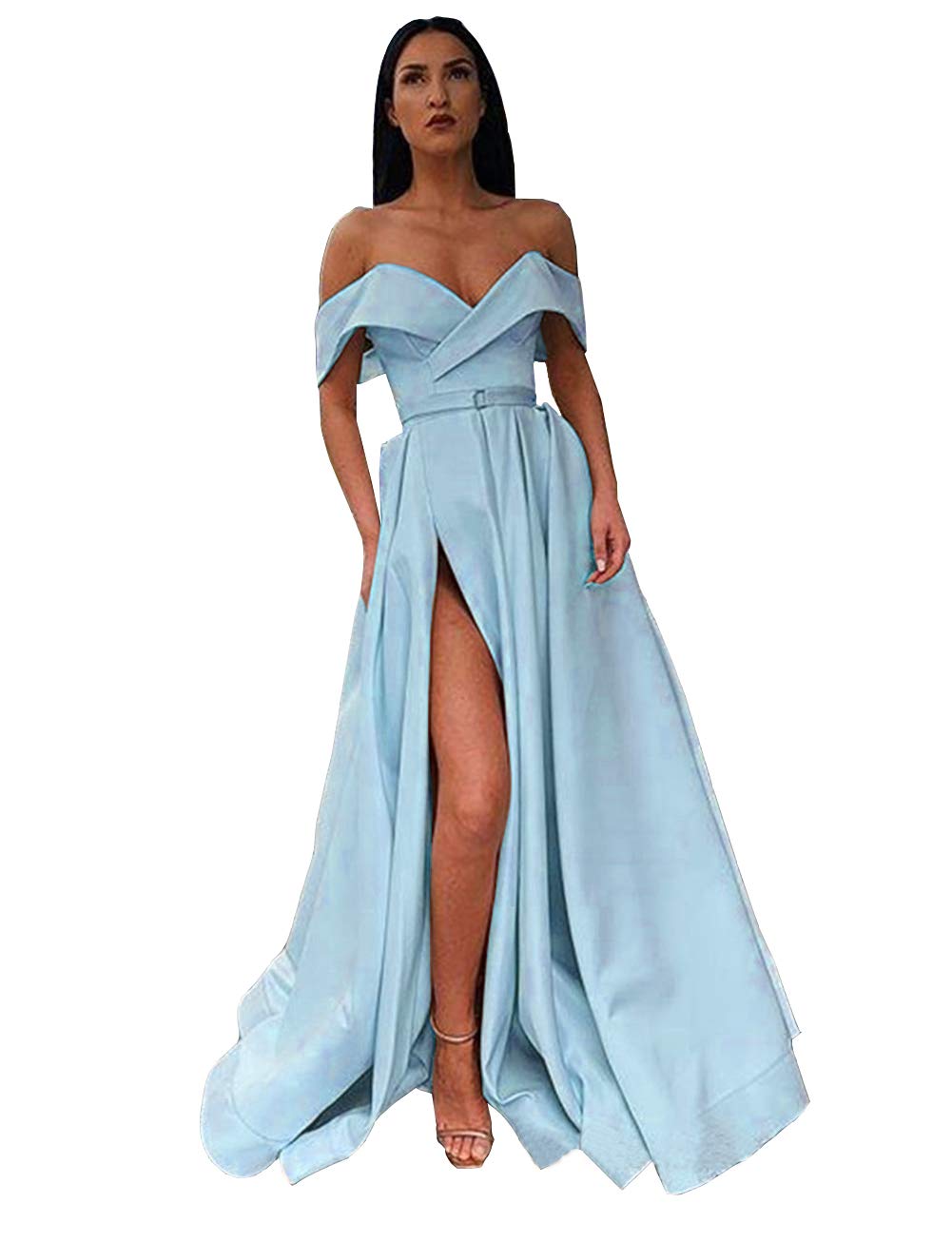 Emmani Women's Off Shoulder Long Side Slit Satin Prom Dress - A-Line Evening Gown for Formal Party, Wedding Guest, Homecoming & Special Occasions - Sky Blue