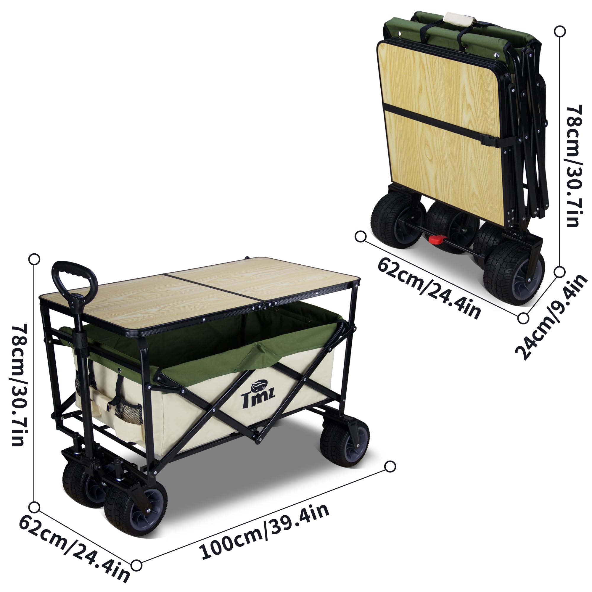 TMZ Heavy Duty Folding Wagon Cart with Removable Table - Collapsible Beach Utility Cart for Camping, Grocery Shopping, Picnics & Outdoor Activities (Beige/Green) - Perfect for Beach Trips, Tailgating & Farmers Market Use