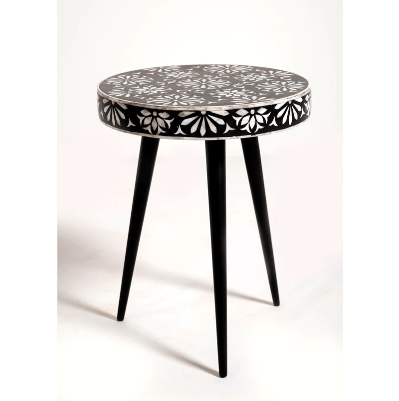 Handmade Bone Inlay Pushkar Floral Motifs Side Table - Antique Wooden Corner Accent Table for Living Room, Bedroom & Office Decor | Vintage Boho Home Furniture for Indian Style Interior Design