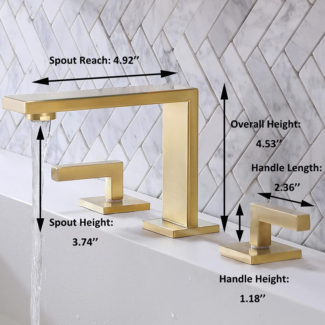 Premium Brushed Gold Bathroom Faucet - Modern 2-Handle 3-Hole Widespread Design - Solid Brass Construction with Water Supply Lines - Perfect for Vanity Sinks in Luxury Bathrooms & Commercial Spaces