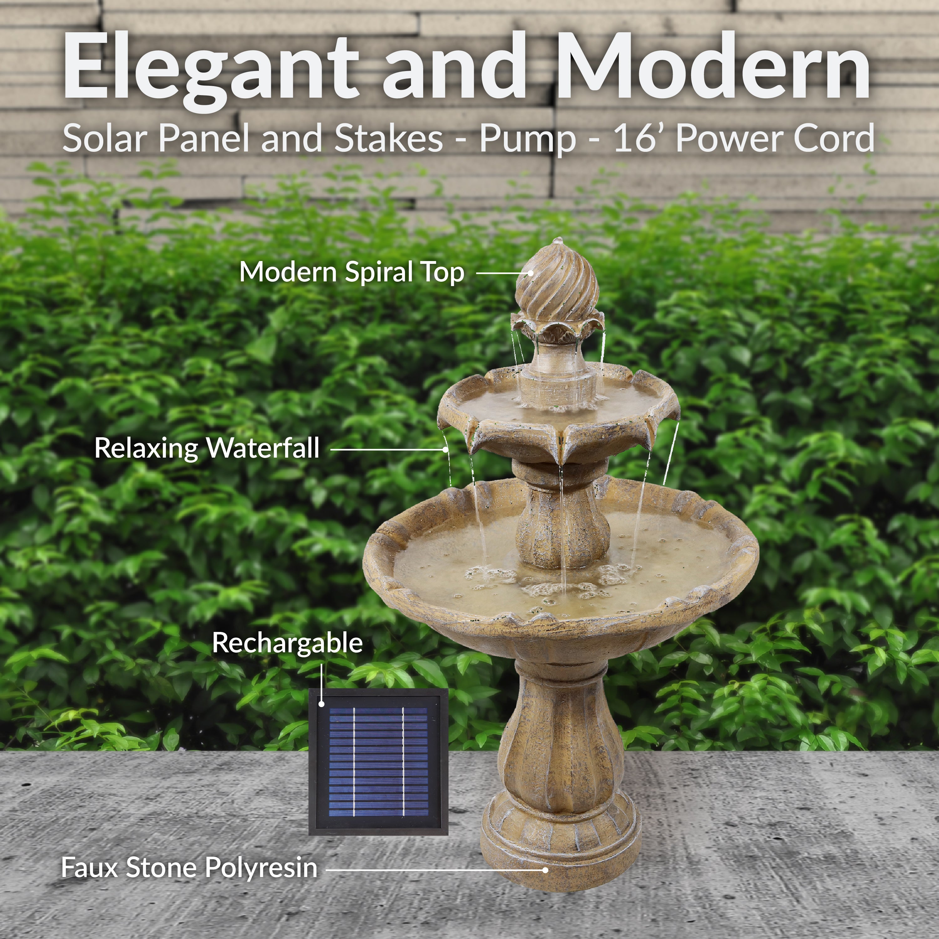Sunnydaze 2 Tier Solar Outdoor Water Fountain with Battery Backup - Garden Decor, Patio, Yard, and Backyard Water Feature for Relaxation & Bird Attraction