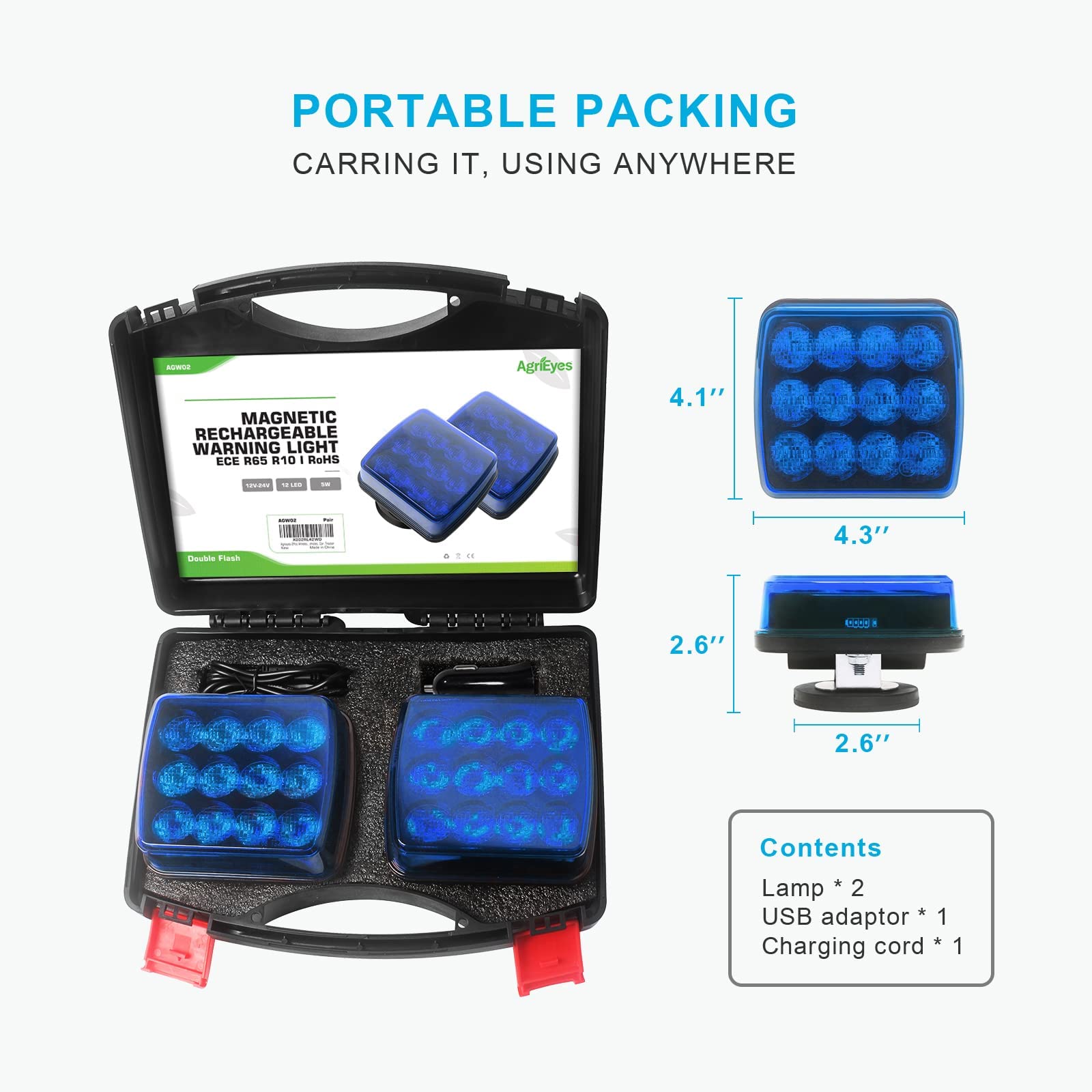 Agrieyes Emergency Strobe Light Kit - 4.2 Inch Magnetic Rechargeable Blue LED Safety Warning Beacon for Tractors, Trucks, Boats & Emergency Vehicles | Perfect for Roadside Emergencies, Construction Sites & Marine Safety
