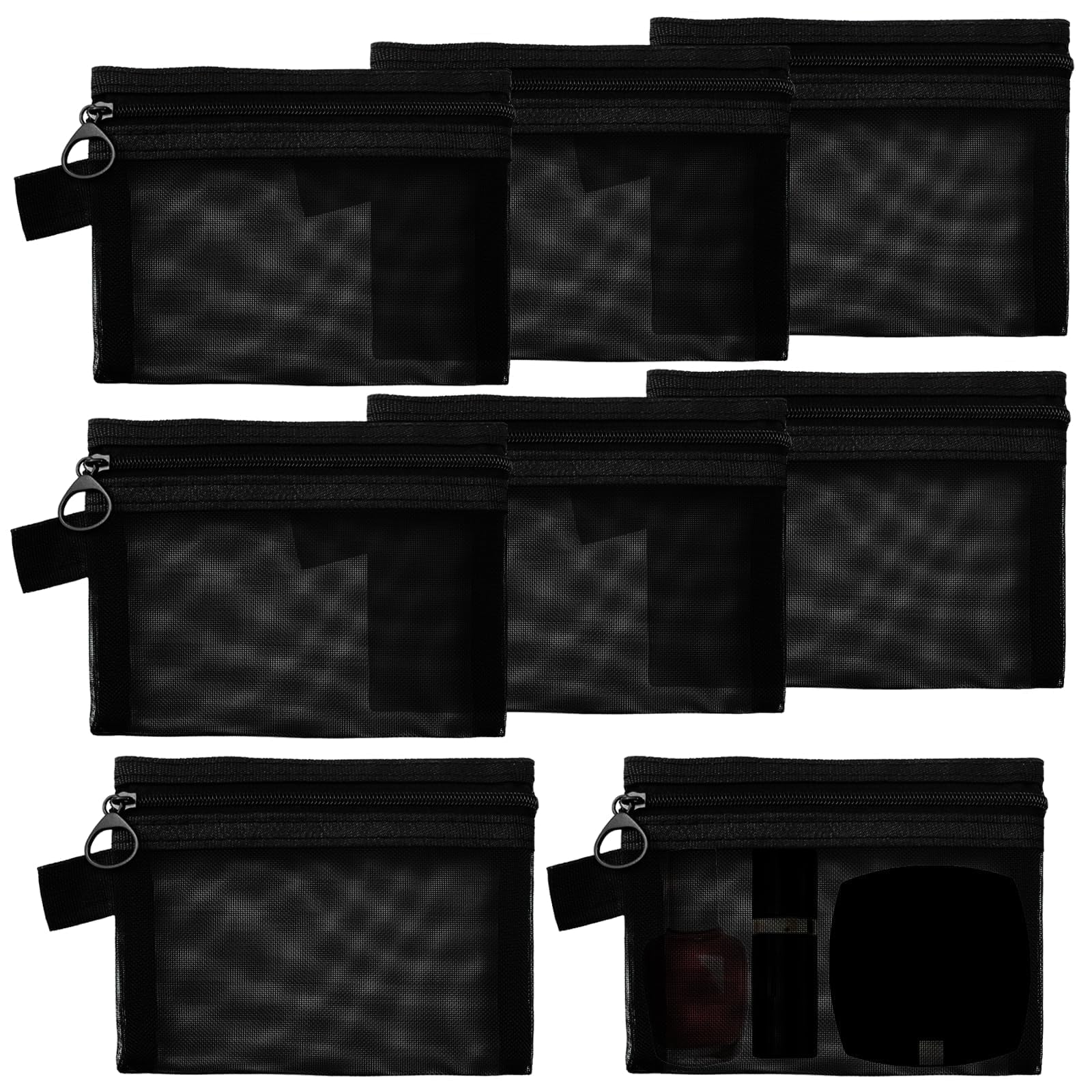 8 Pack Small Black Mesh Zipper Pouches - Mini Coin Purse & Cosmetic Bag for Travel, Makeup, Jewelry & Organizing - Portable Storage Bags with Keychain for Women - Perfect for Daily Use, Gym, Office & Travel Accessories