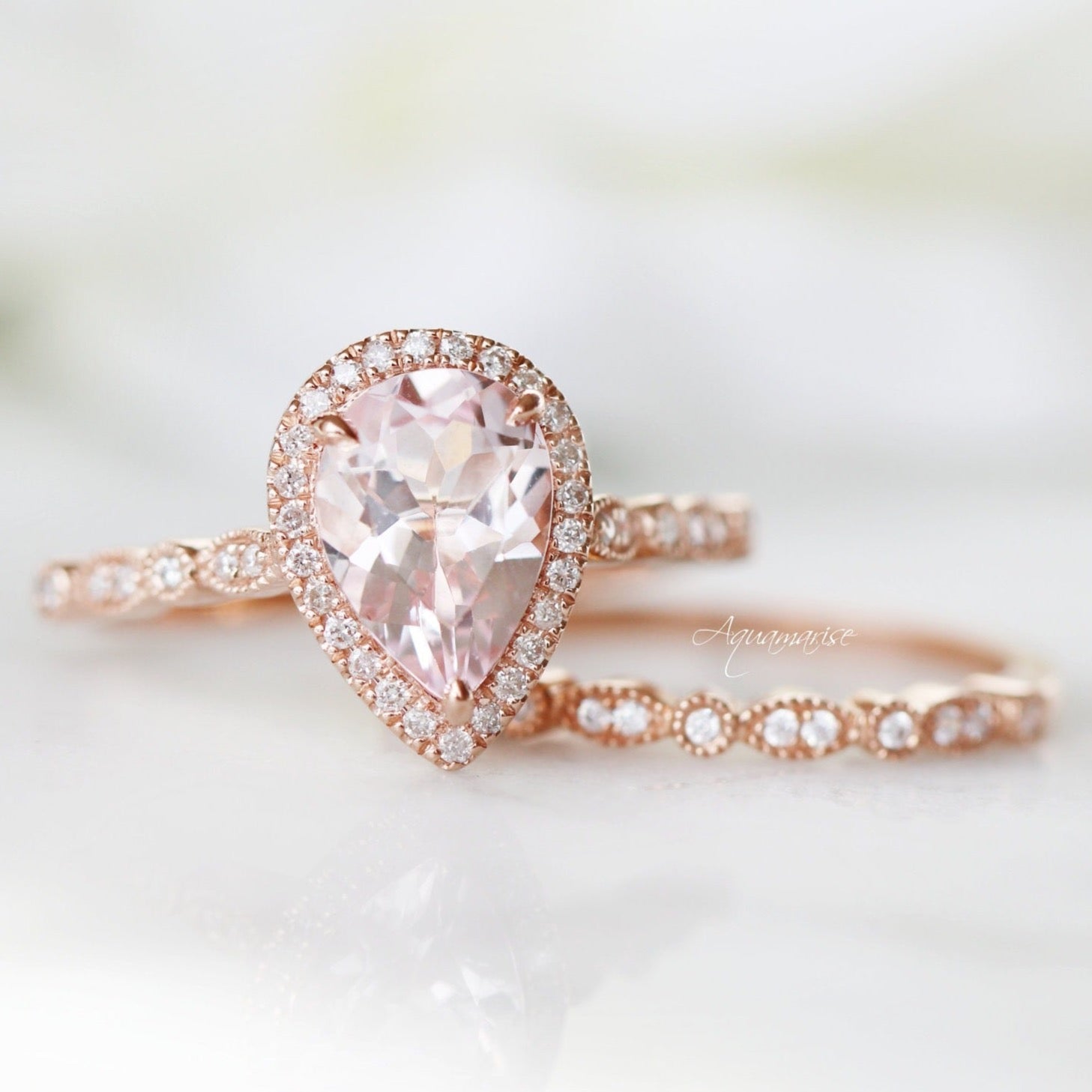 Luxury Teardrop Morganite Engagement Ring - 14K Solid Rose Gold Wedding Band for Women, Perfect for Proposals, Anniversaries & Bridal Jewelry Gifts
