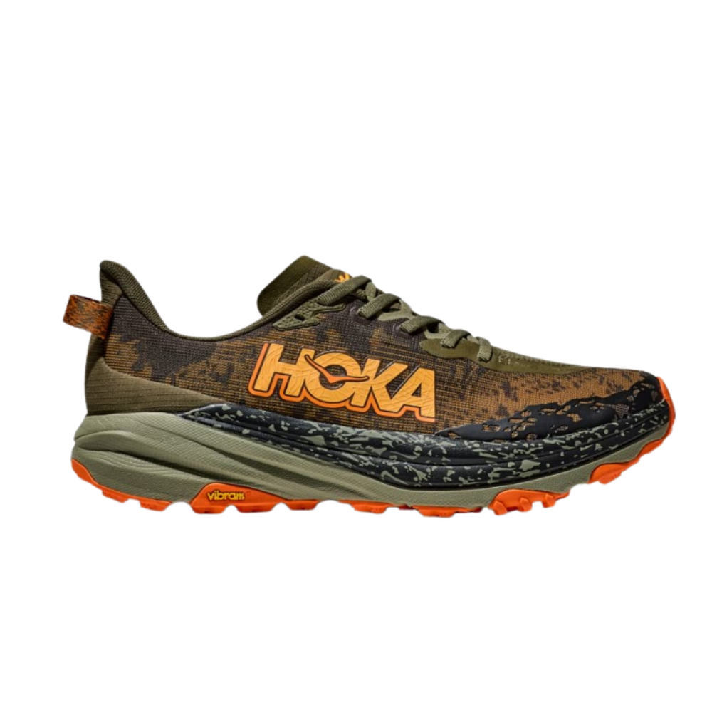 Hoka Speedgoat 6 Trail Running Shoes for Men - Wide 2E Width in Antique Olive/Squash | Durable Grip for Hiking & Outdoor Adventures