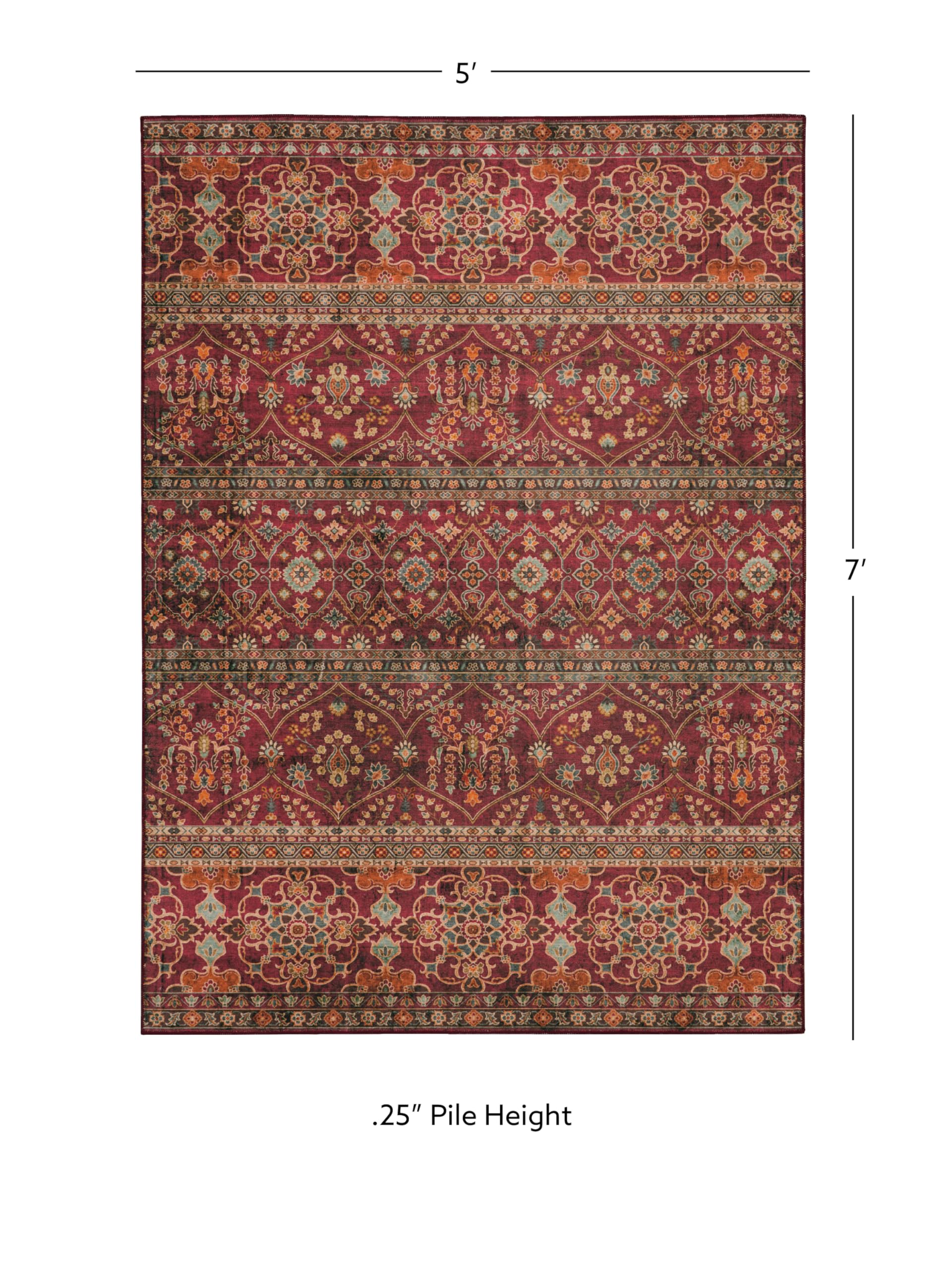Linon Home Decor Washable Area Rug 5' x 7' - Yarit Garnet & Ivory - Soft Non-Slip Indoor Outdoor Rug for Living Room, Bedroom, Patio
