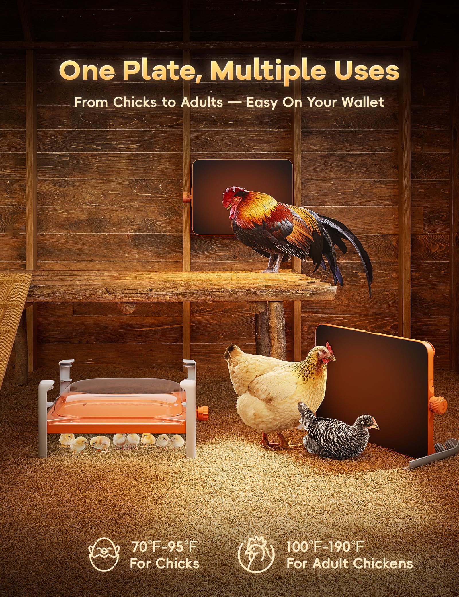 200W Smart Chicken Coop Heater with Built-in Temperature Sensor - Adjustable Brooder Heating Plate for 25 Chicks - UL Certified Poultry Heater Compatible with Timers & Thermostats - Perfect for Winter Chicken Care, Egg Hatching & Poultry Farming