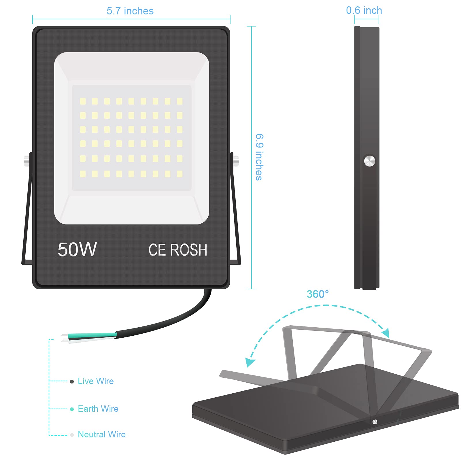 50W LED Flood Lights - 5000LM Super Bright Outdoor Security Lights, IP66 Waterproof, 5000K Daylight White - Perfect for Front Door, Yard, Garden, Garage, Playground, and Commercial Areas
