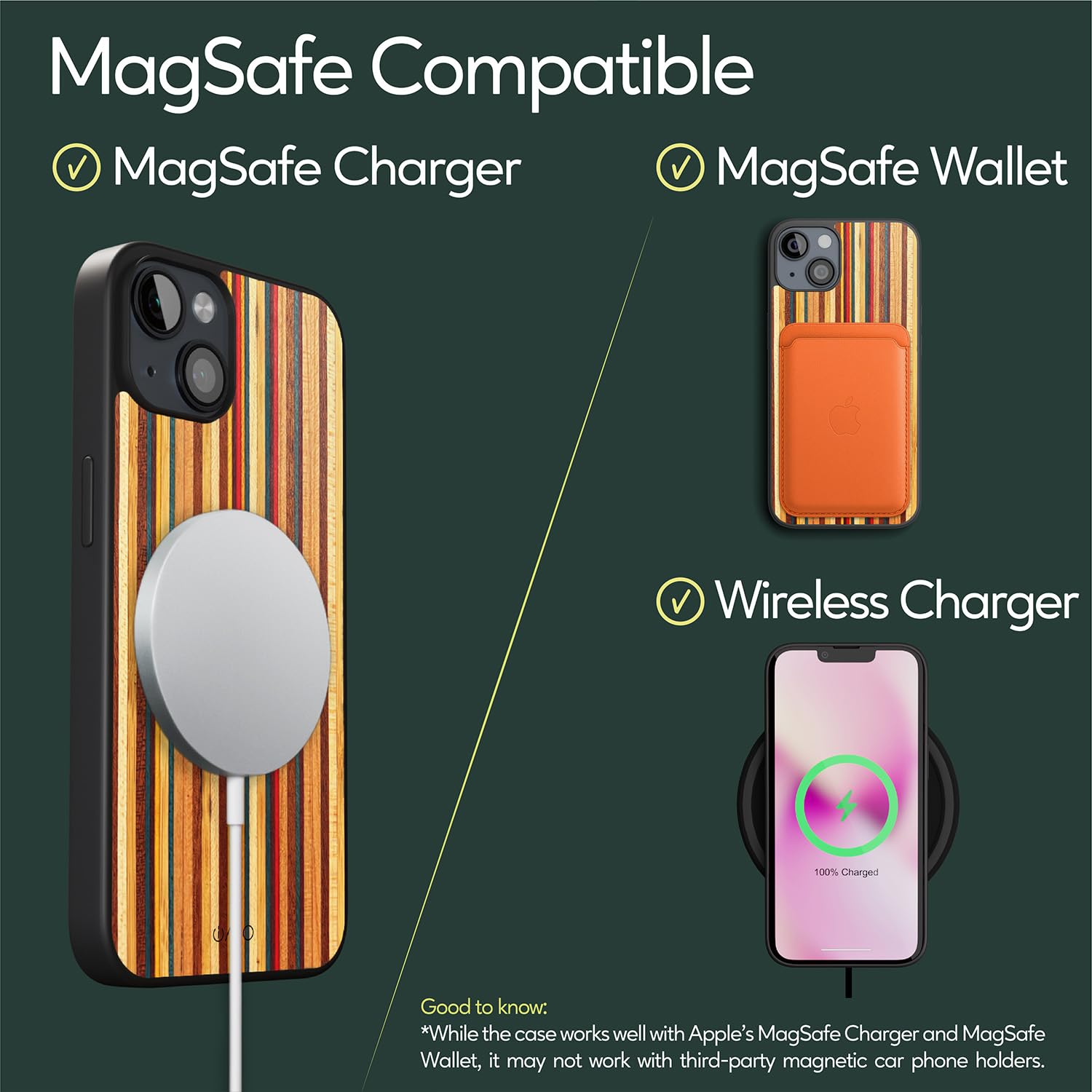 iATO Magnetic Wood Case for iPhone 13 - Shockproof Protective Cover with Real Wood Overlay | Compatible with MagSafe & Wireless Charging | Soft Black TPU & Multicolor Skateboard Design | Perfect for Daily Use, Office & Outdoor Activities