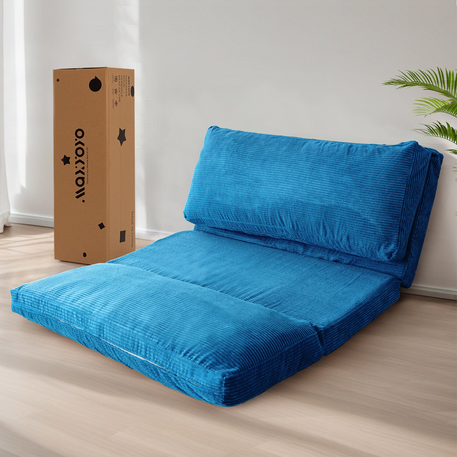MAXYOYO Corduroy Bean Bag Folding Sofa Bed - Washable Blue Floor Sofa for Living Room, Bedroom & Dorm | Portable Lounge Chair for Relaxing, Reading & Gaming
