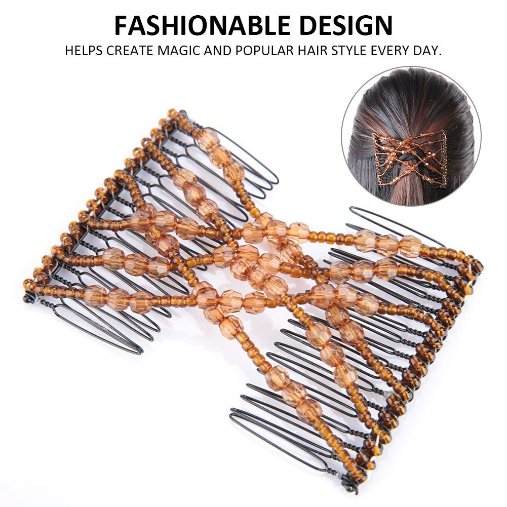 Stretchy Pearl Hair Combs for Women - Double Hair Clips for Thick/Thin Hair - Coffee (Wedding, Party, Daily Use)