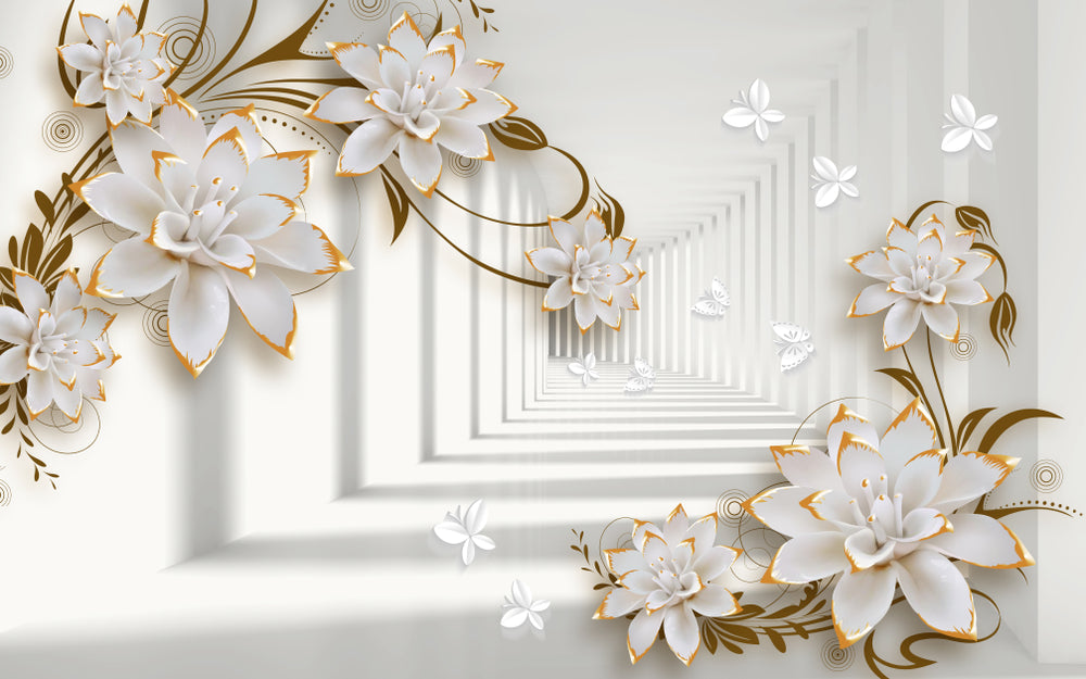 Premium 3D White & Gold Floral Wall Art - High Quality Home Decor Poster Print - Multiple Size Options - Perfect for Living Room, Bedroom & Office Decor