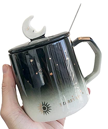 Moon and Star Ceramic Coffee Mug with Spoon Lid - 400ml Tea, Milk Cup for Office & Home - Perfect Gift for Coffee Lovers & Night Sky Enthusiasts - Ideal for Morning Brews, Cozy Evenings & Unique Gifting