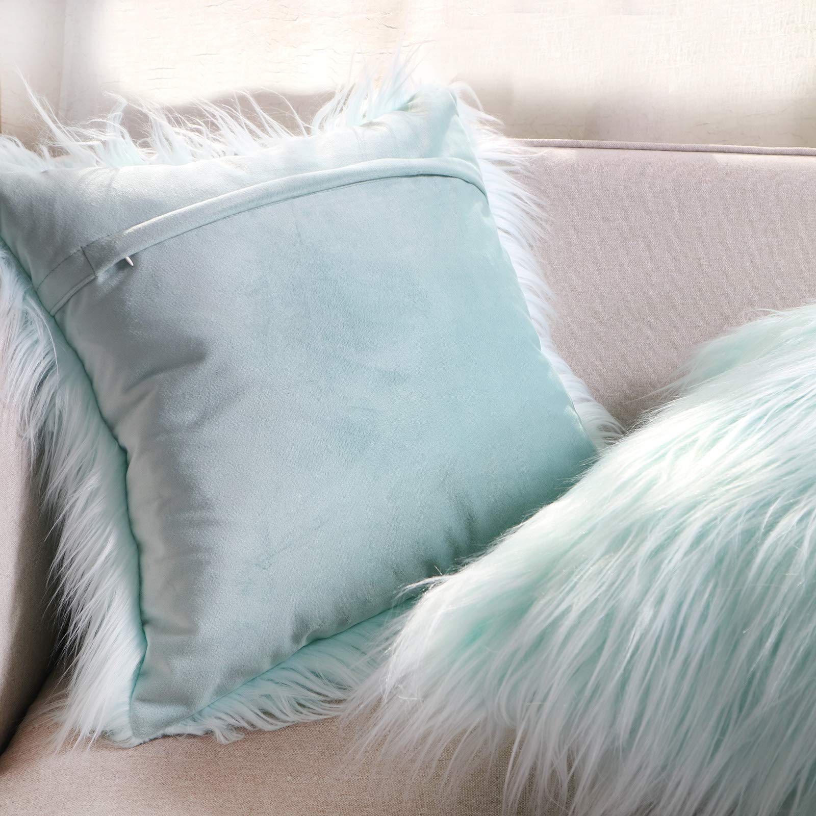 Luxury Faux Fur Throw Pillow Covers 18x18 Inch (45x45cm) - Soft Mongolian Long Fur Square Cushion Covers for Couch, Sofa & Floor - 100% Polyester Home Decor (Light Blue, 2-Piece Set) - Perfect for Living Room, Bedroom & Cozy Home Decor