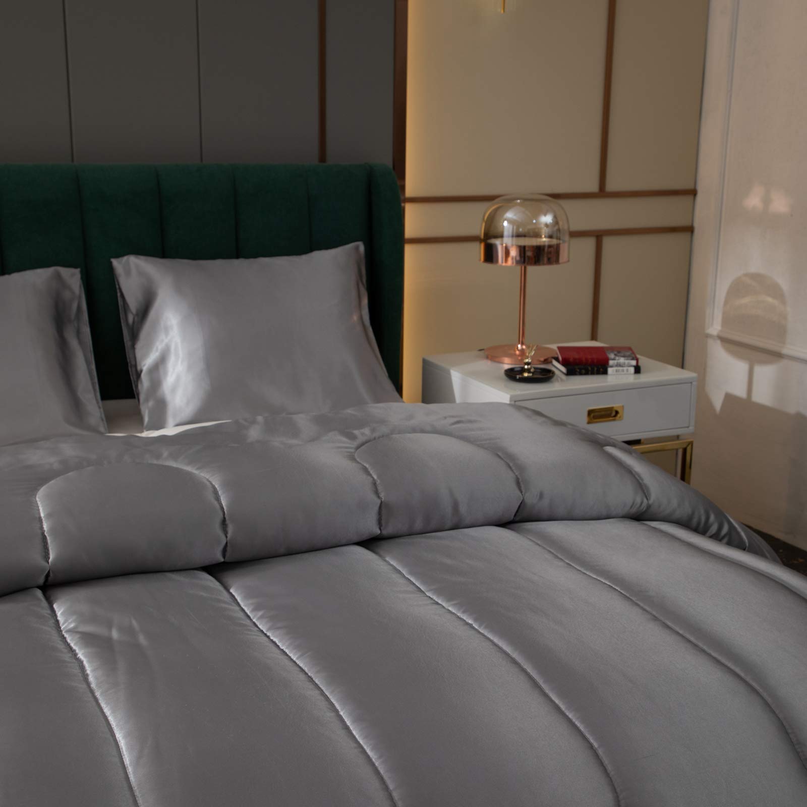 Luxury Satin Comforter Set Queen Size - Soft Grey Silky Bedding with 2 Pillowcases for Ultimate Comfort | Perfect for Master Bedroom, Guest Room & Cozy Nights