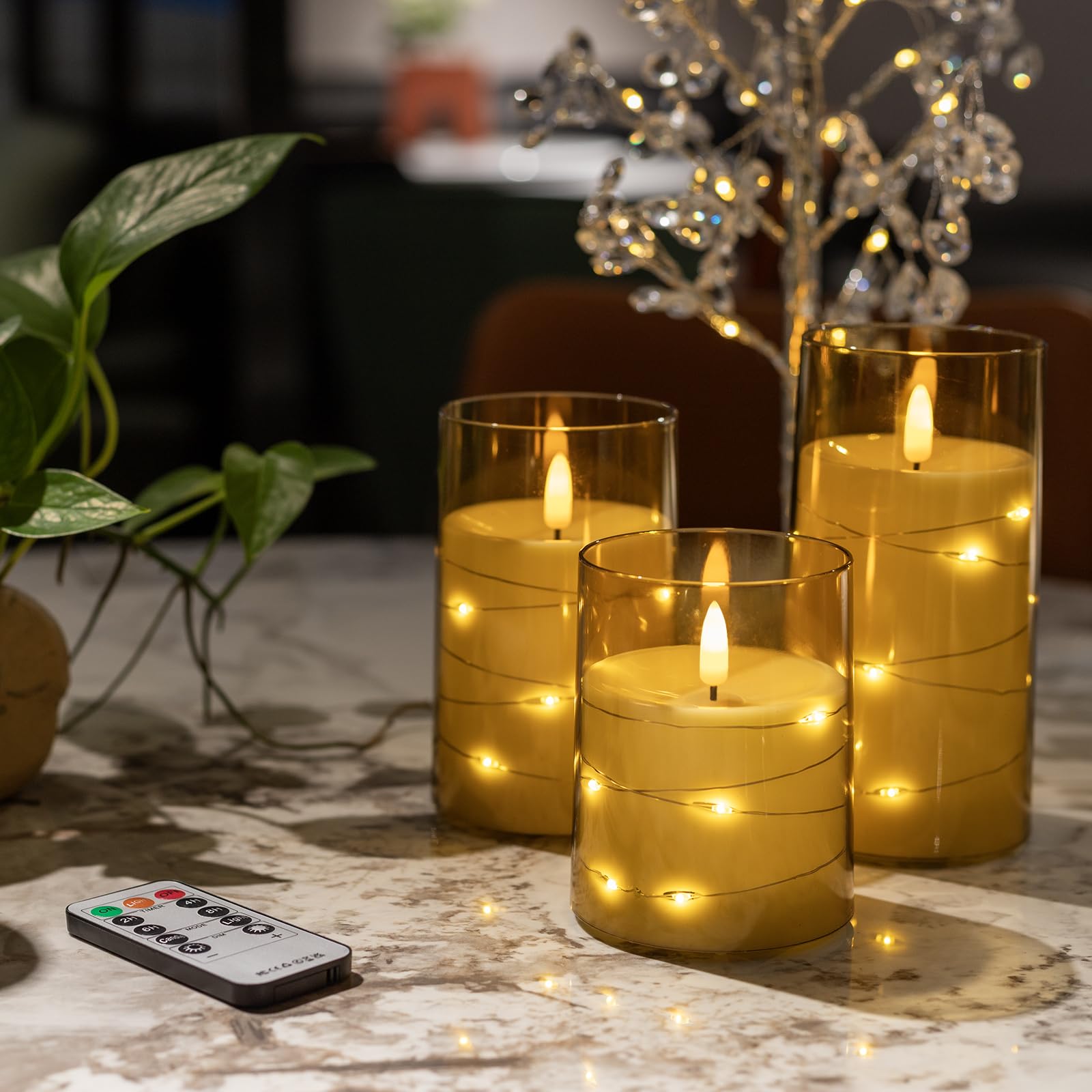 Flameless LED Candles with Remote & Timer - Battery Operated Flickering Candles for Romantic Ambiance, Halloween Decor - Durable Acrylic Shell with Embedded Star String - Perfect for Weddings, Dinner Parties & Relaxation