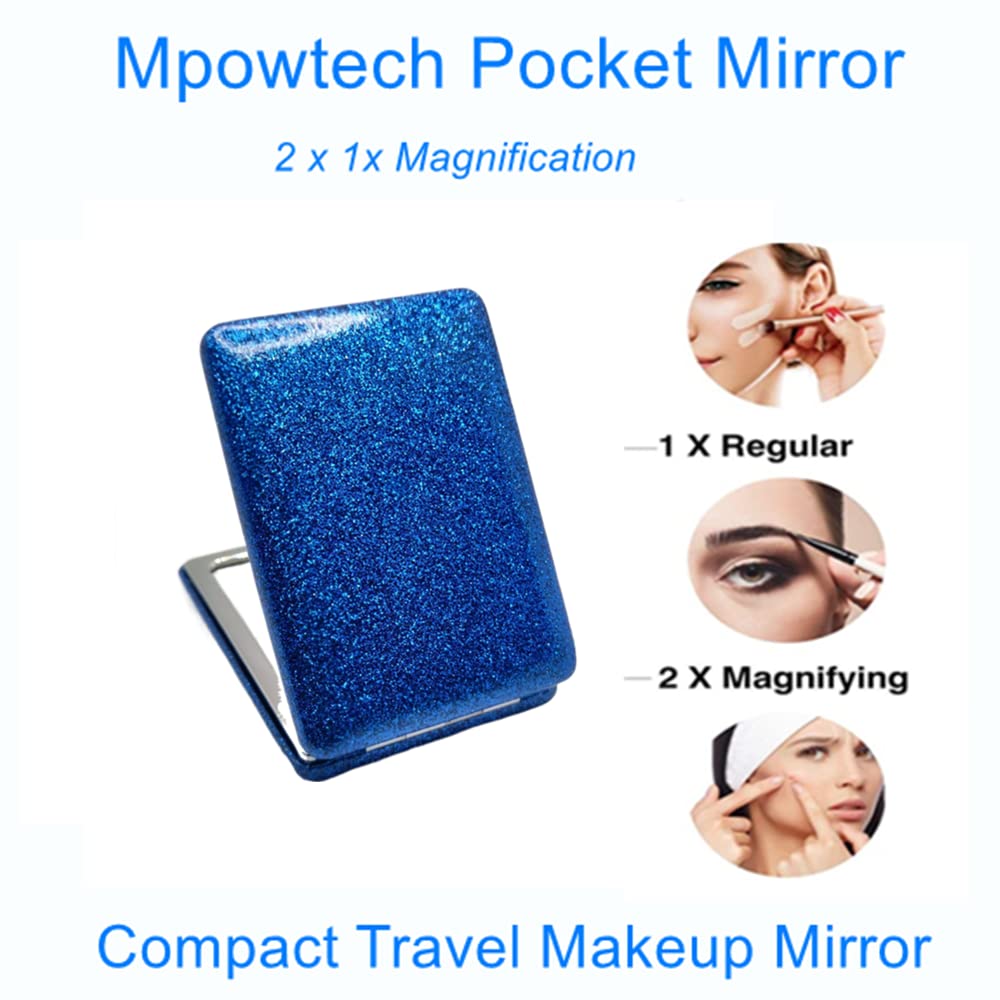 Square Blue Compact Mirror for Women - Small Magnifying Travel Mirror with Glitter, 2x/1x Dual Magnification, Portable Folding Pocket Makeup Mirror - Perfect Cosmetic Gift & Travel Essential for Makeup Touch-ups, Purse, Handbag and On-the-Go Beauty