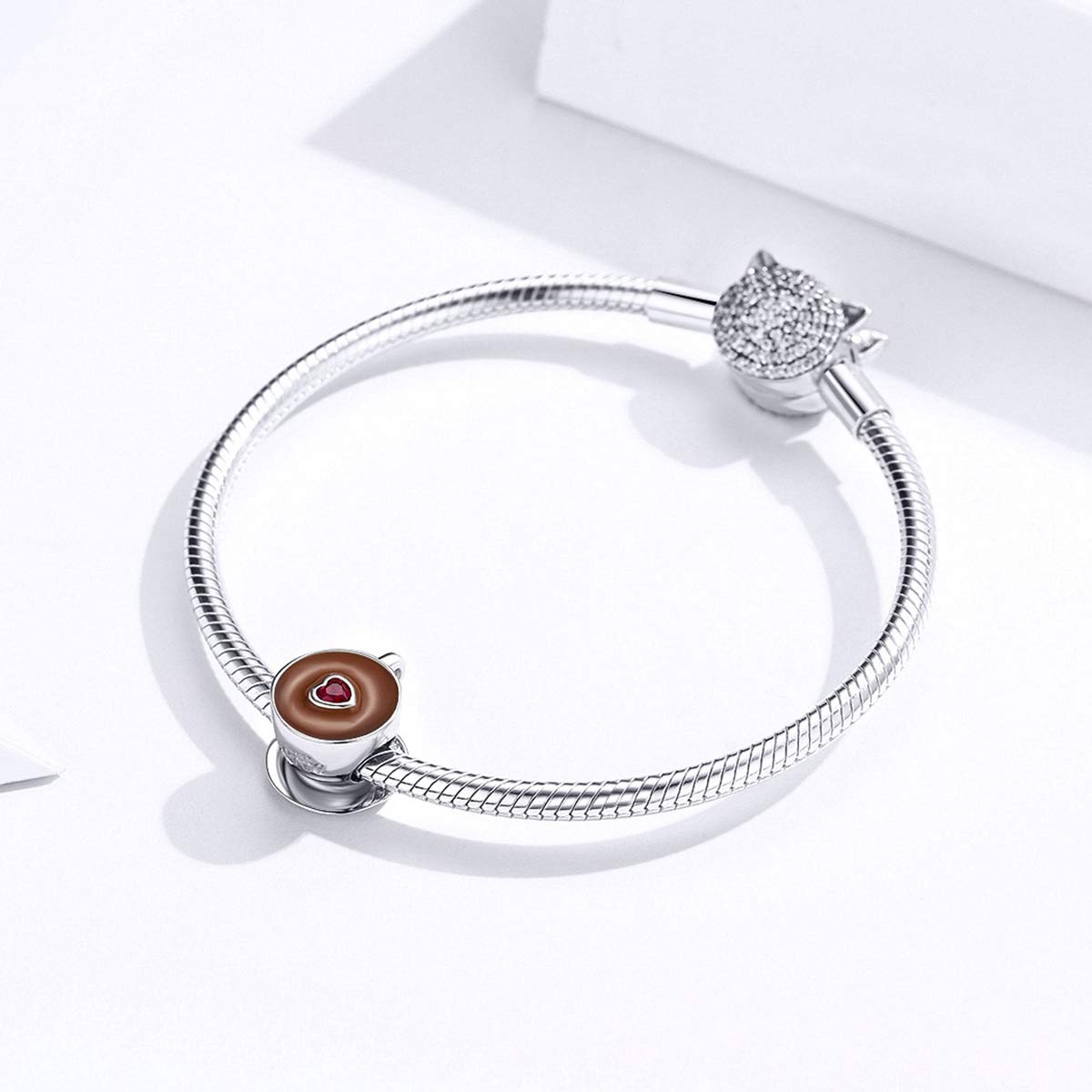 Red Heart CZ 925 Sterling Silver Coffee Charm - Wine Glass & Bracelet Bead for Women | Perfect for Gifts & Coffee Lovers