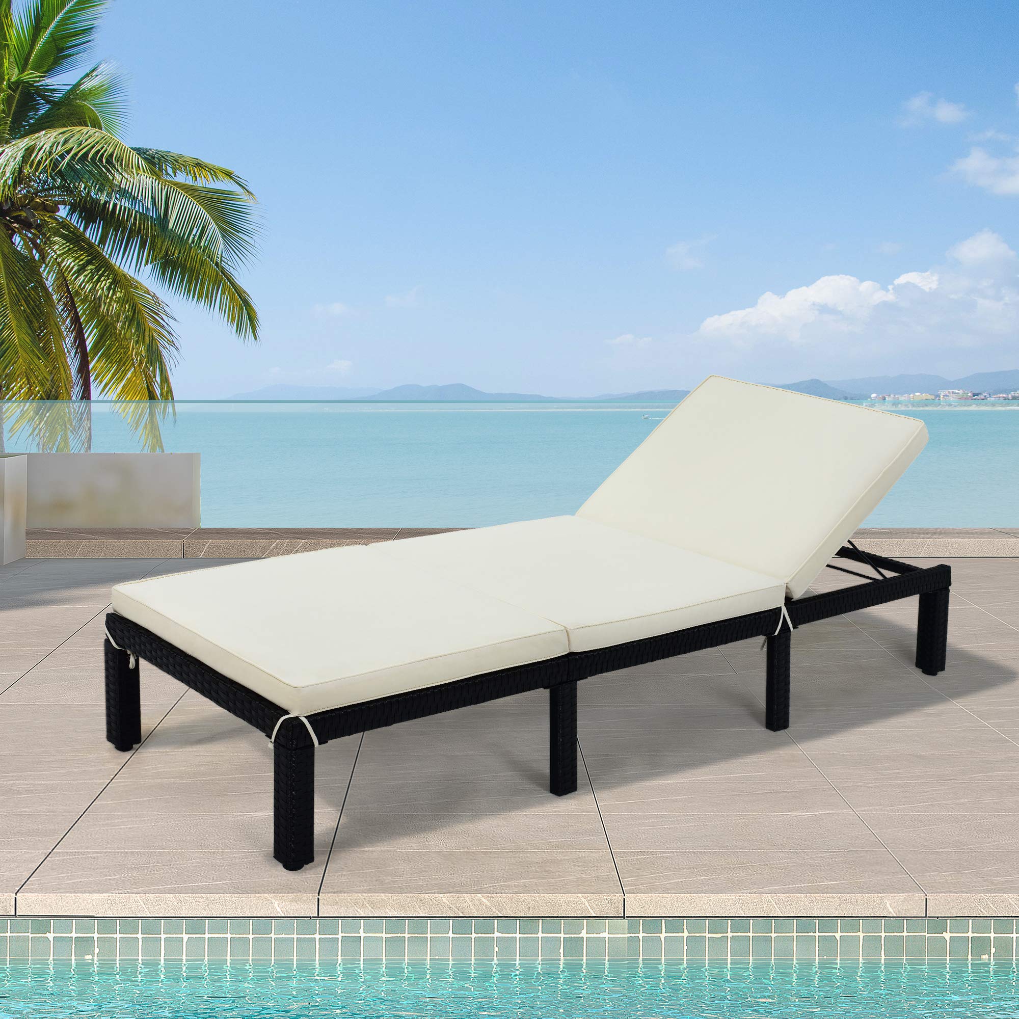 LZ LEISURE ZONE Adjustable PE Rattan Wicker Chaise Lounge Chair - Outdoor Patio Furniture Set with Sunbed - Perfect for Poolside, Porch, Garden, and Backyard Relaxation (Beige & Black, 1-Piece)