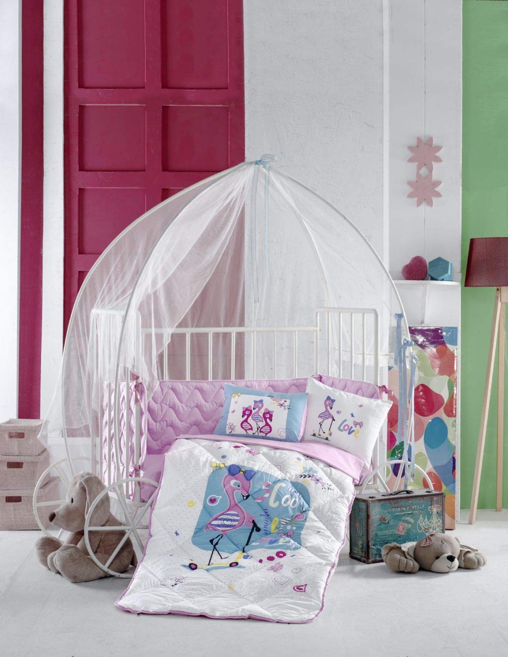 OZINCI Cute Flamingo Baby Bedding Set - 100% Cotton 6-Piece Nursery Crib Set for Girls & Boys (Comforter, Quilt, Crib Sheet, Pillowcases) | Soft & Breathable Unisex Baby Bedding for Cribs, Bassinets & Toddler Rooms