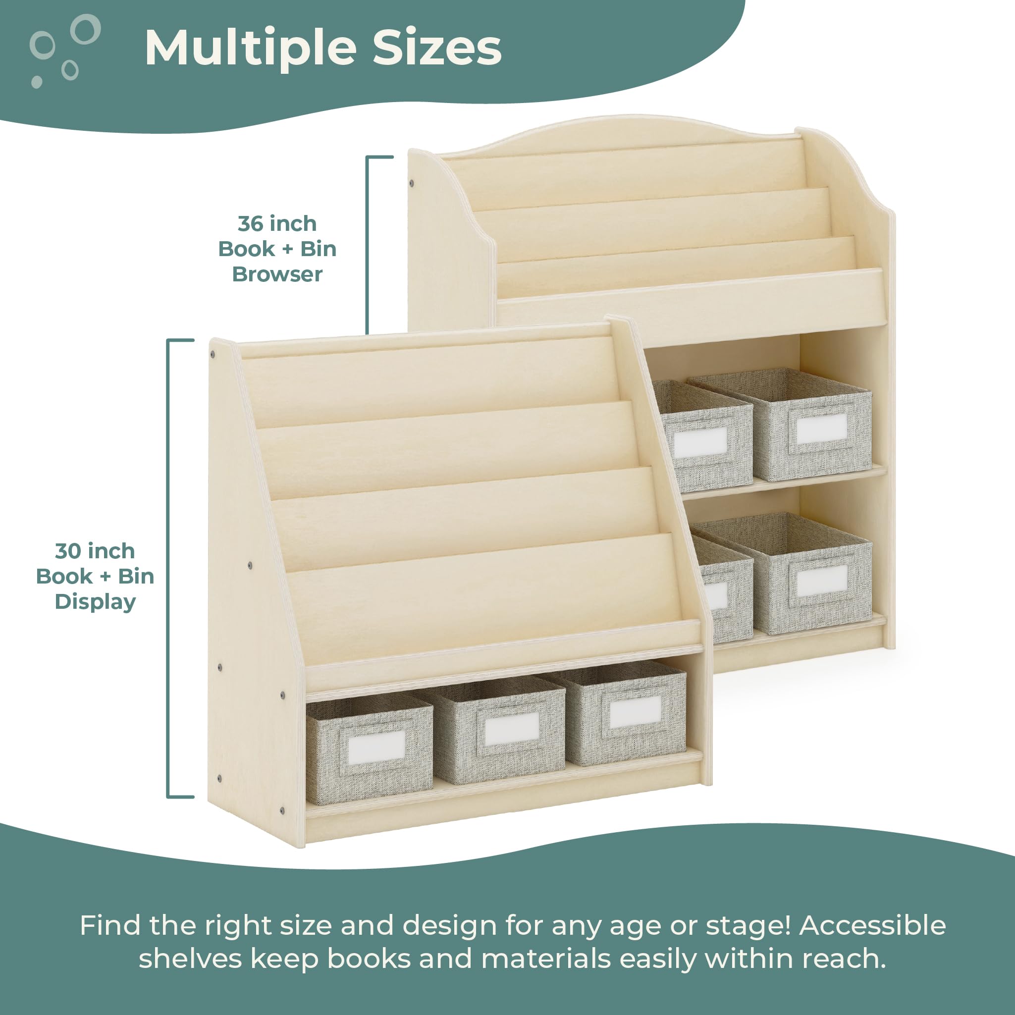 Guidecraft EdQ Natural Wood Book & Bin Display with 3 Fabric Storage Bins - Multi-Purpose Bookcase & Toy Organizer for Homeschool, Classroom & Kids' Room Storage Solutions