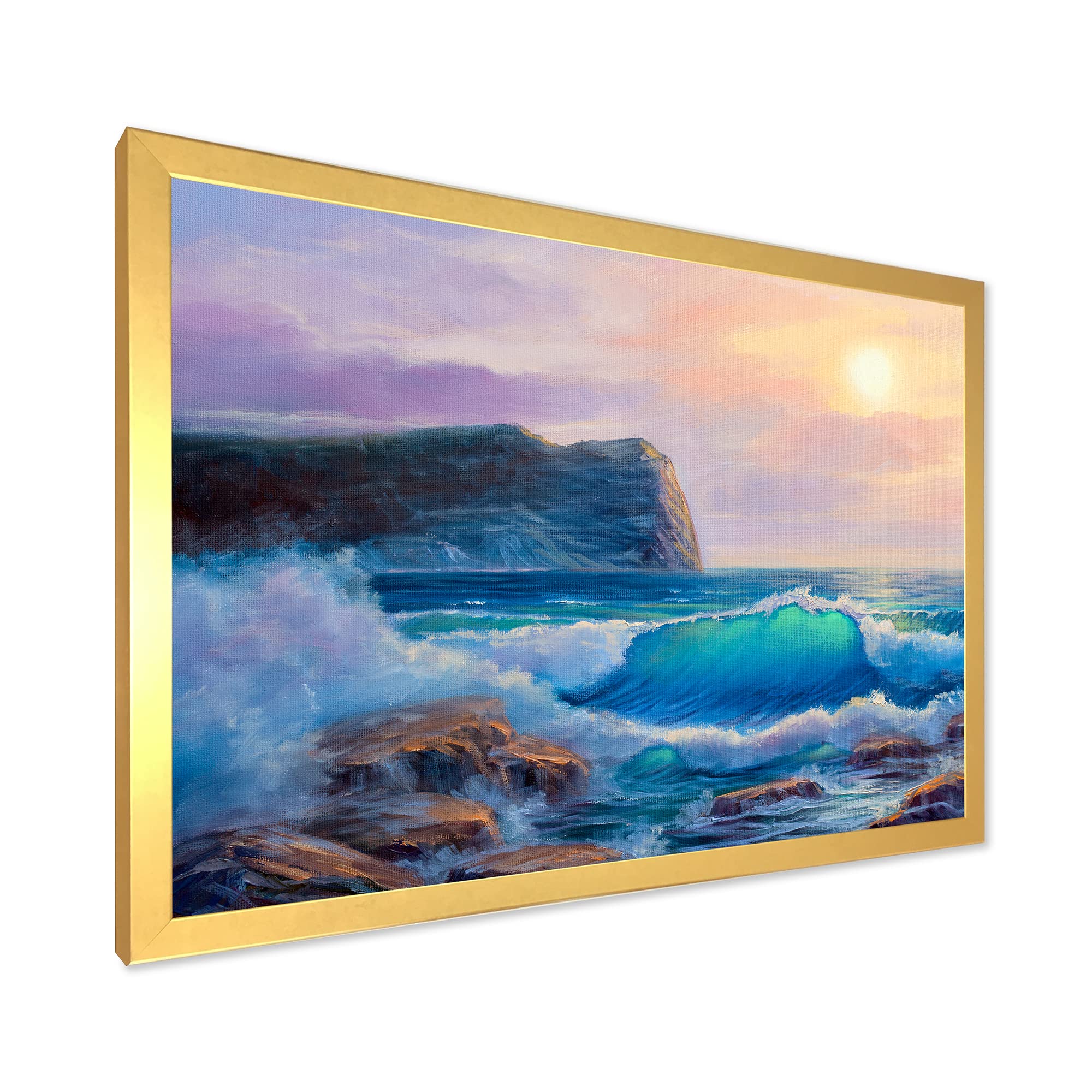 DesignQ Blue Waves Breaking At The Beach III - Coastal Framed Wall Art for Living Room, Bedroom & Office Decor | Nautical Beach Theme Painting | Ready to Hang