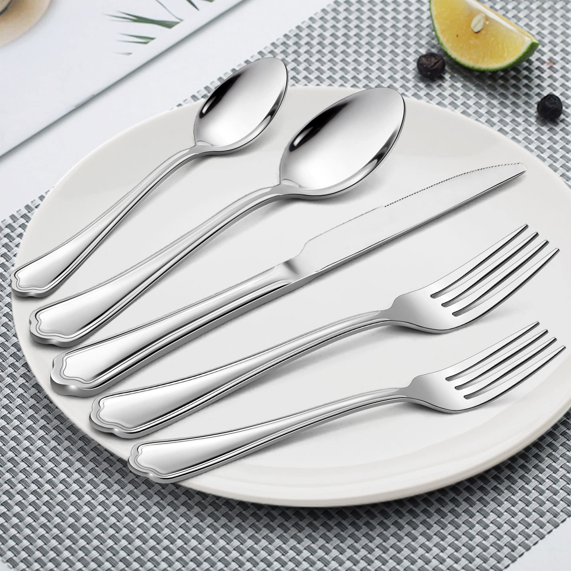 40-Piece Stainless Steel Flatware Set for 8 - Mirror Polished Silverware with Scalloped Edge (8 Forks, 8 Knives, 8 Spoons, 8 Teaspoons) - Dishwasher Safe Cutlery Set for Everyday Dining, Dinner Parties & Restaurant Use