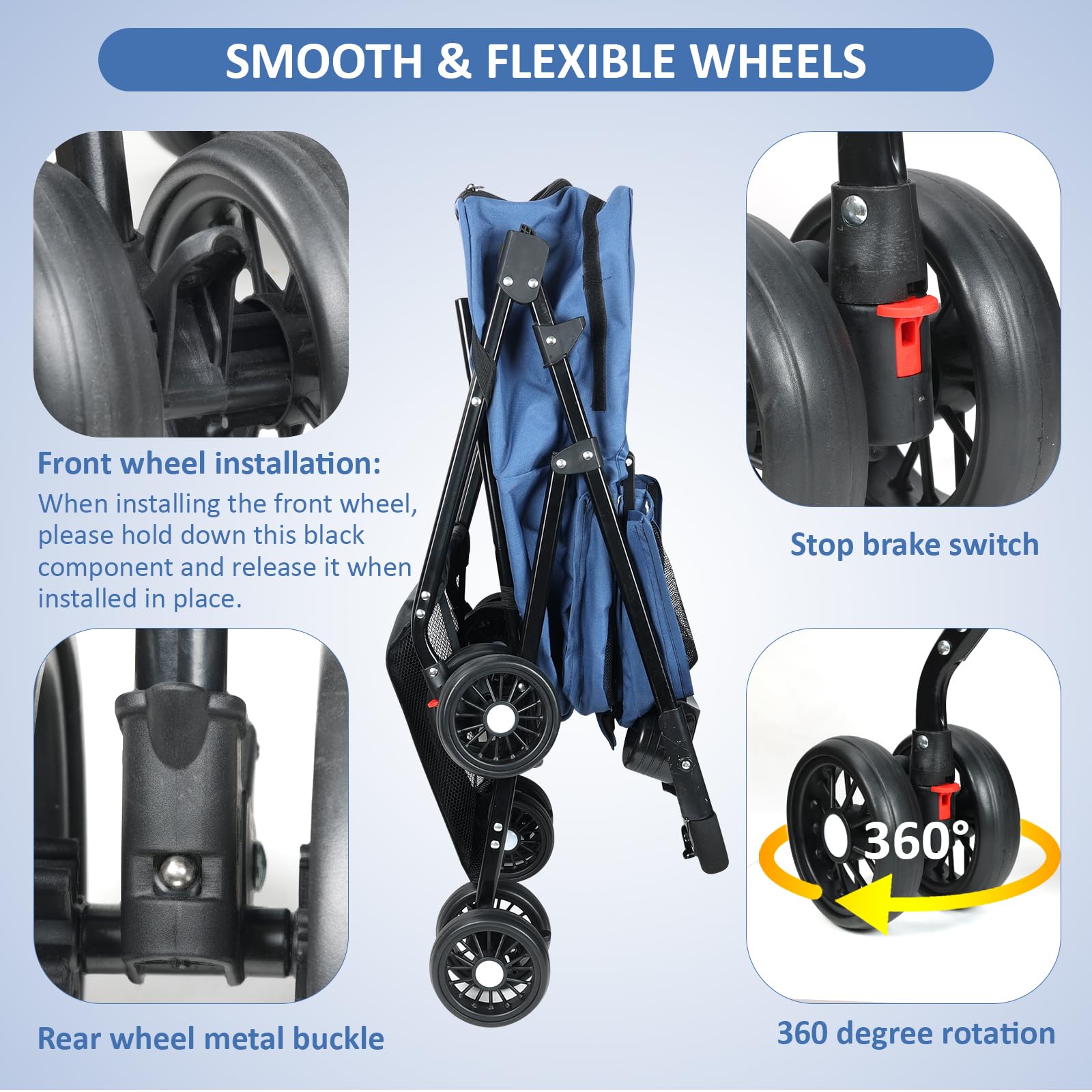Premium 4-Wheel Pet Stroller for Small & Medium Dogs & Cats Up to 30lbs - Foldable Design with Storage Basket & Cup Holder (Blue) - Perfect for Park Walks, Vet Visits & Shopping Trips