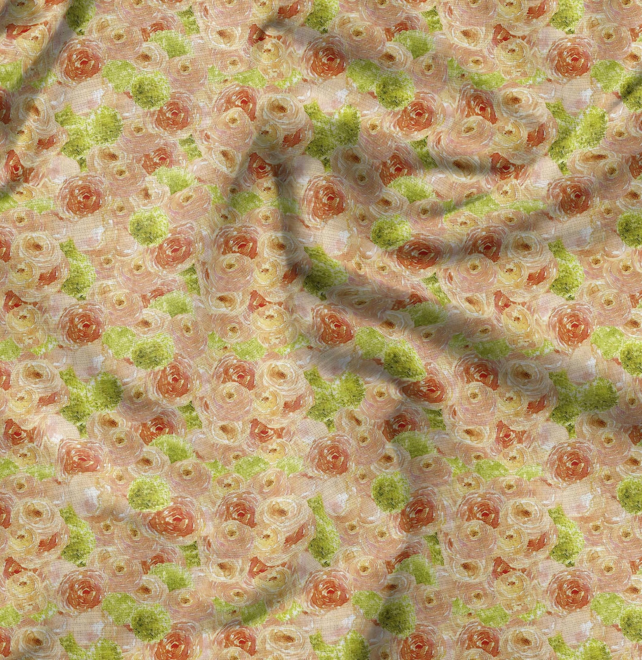 Soimoi Moss Georgette Orange Fabric by The Yard - 42 Inch Wide Printed Fabric with Ranunculus Watercolor Serenity Design for Dresses, Scarves & Home Decor | Delicate Romantic Floral Pattern Fabric for DIY Sewing Projects