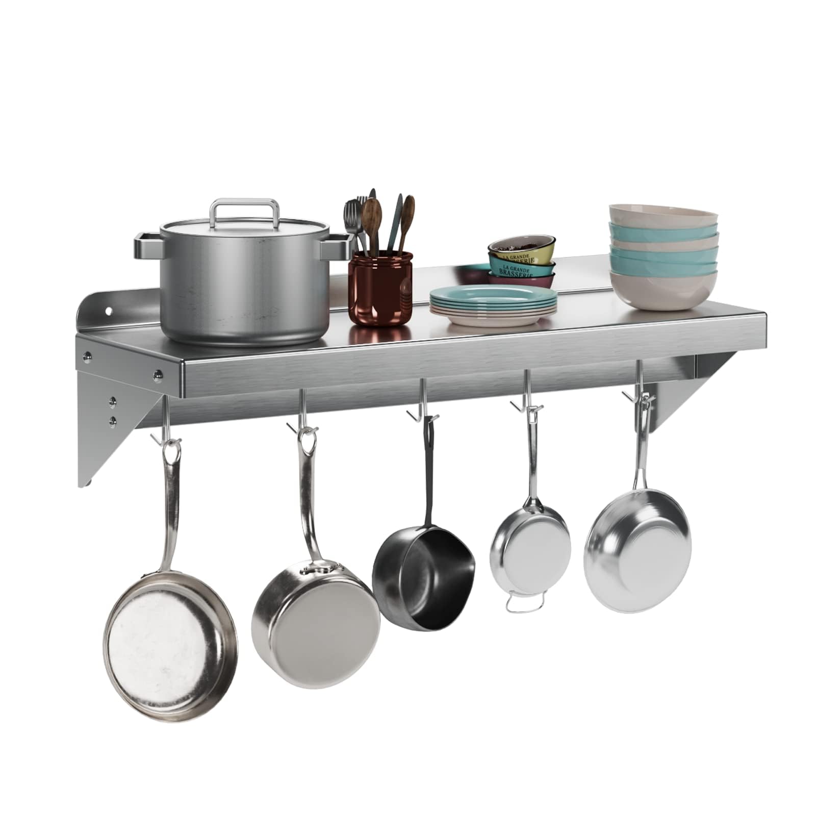 GARVEE 2 Pack 12x36 Inch Stainless Steel Wall Mounted Shelf - Heavy Duty 200LBS Capacity with 2 Backsplashes & 6 Hooks for Kitchen, Bathroom, Garage Storage Organization