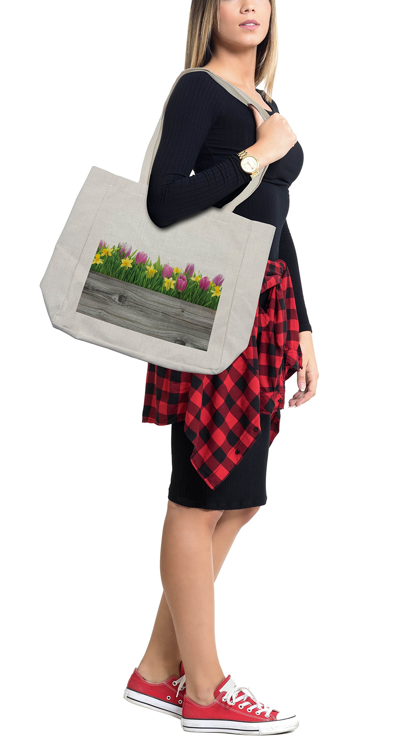 Lunarable Reusable Shopping Bag - Vibrant Daffodils & Tulips Floral Print on Wooden Plank Design | Eco-Friendly Grocery Tote for Beach, Market & Daily Use | 15.5 x 14.5 Inches | Green & Yellow Cotton Tote Bag