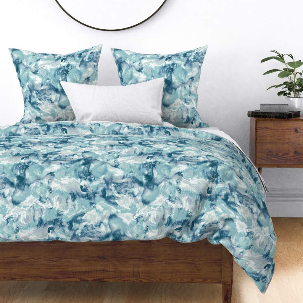 Custom Marble Teal Gray Geology Print Cotton Sateen Duvet Cover - King/California King Size | Watercolor Geode Blue & Sage Rocks Modern Bedding for Master Bedroom & Guest Room Decor