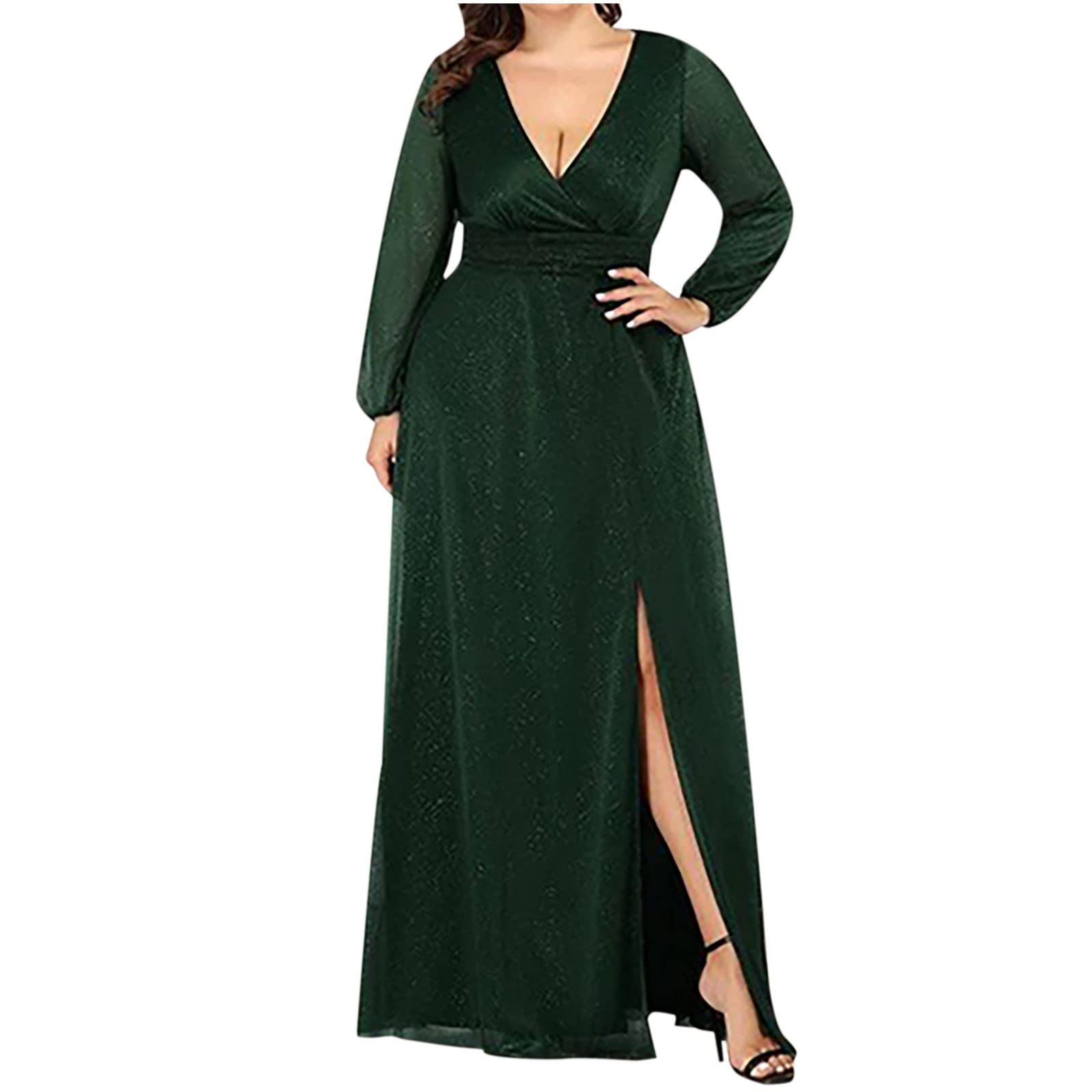 Plus Size Sequin Cocktail Dress for Women - Sexy V-Neck Long Sleeve Mesh Maxi Dress | Wedding Guest, Party, Holiday & Special Occasion Outfit