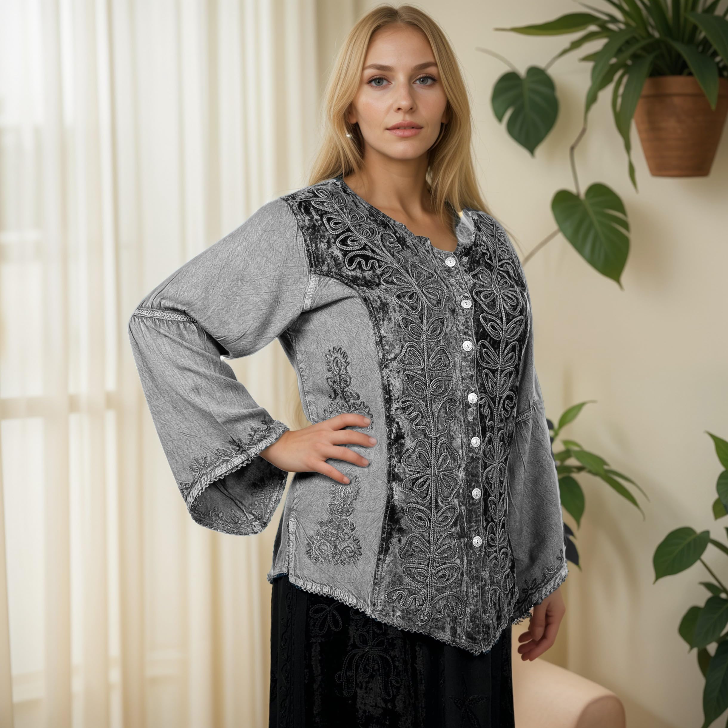 Agan Traders 2025 Long Sleeve Velvet Blouse for Women - Vintage Renaissance Button Down Embroidered Top | Spring Winter Fashion | Perfect for Parties, Weddings & Renaissance Fairs