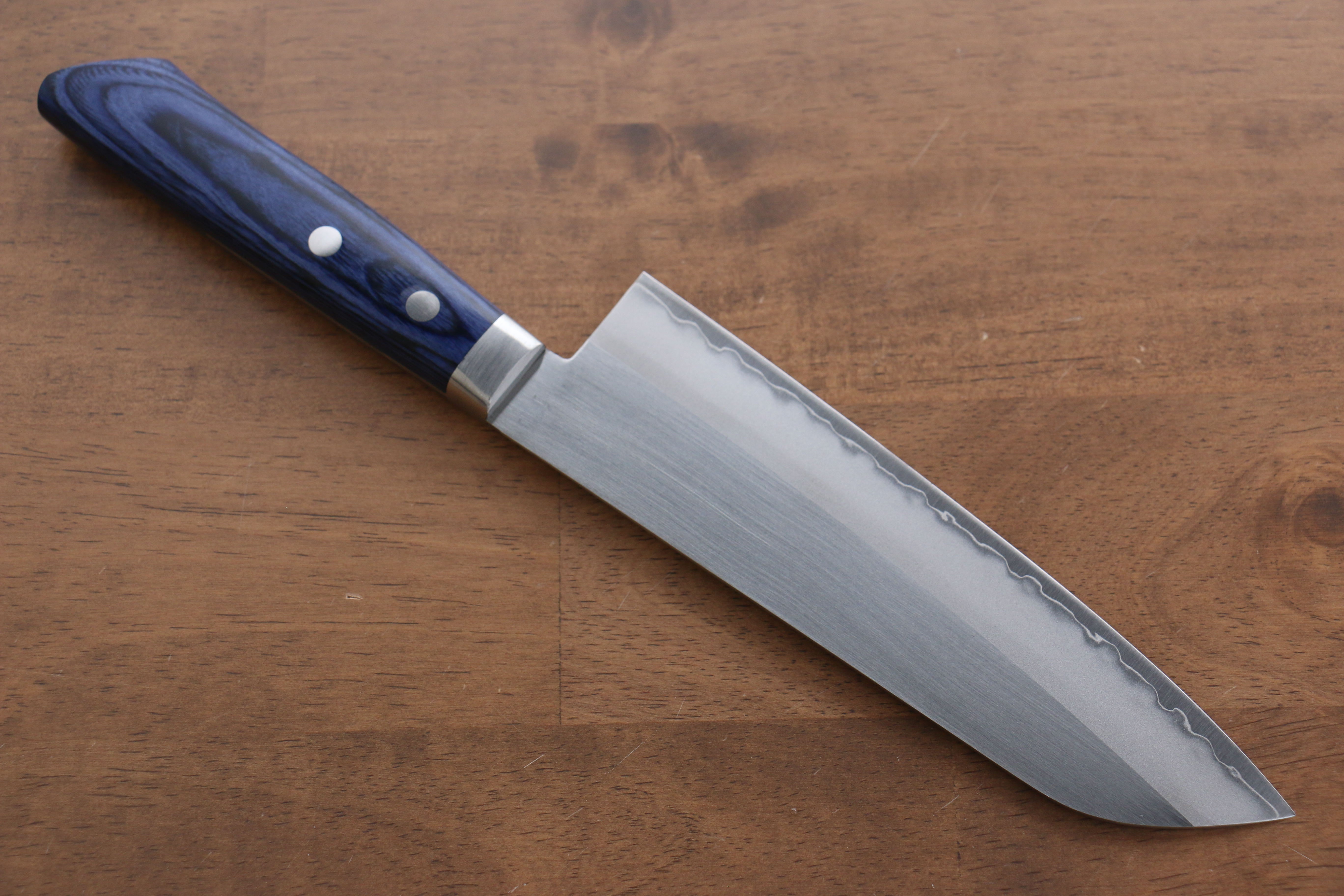 Premium Kunihira VG1 Santoku Knife 170mm - Japanese Migaki Finish, Blue Pakka Wood Handle - Perfect for Slicing, Dicing & Chopping Vegetables, Meat & Fish - Ideal for Home Chefs & Professional Kitchens
