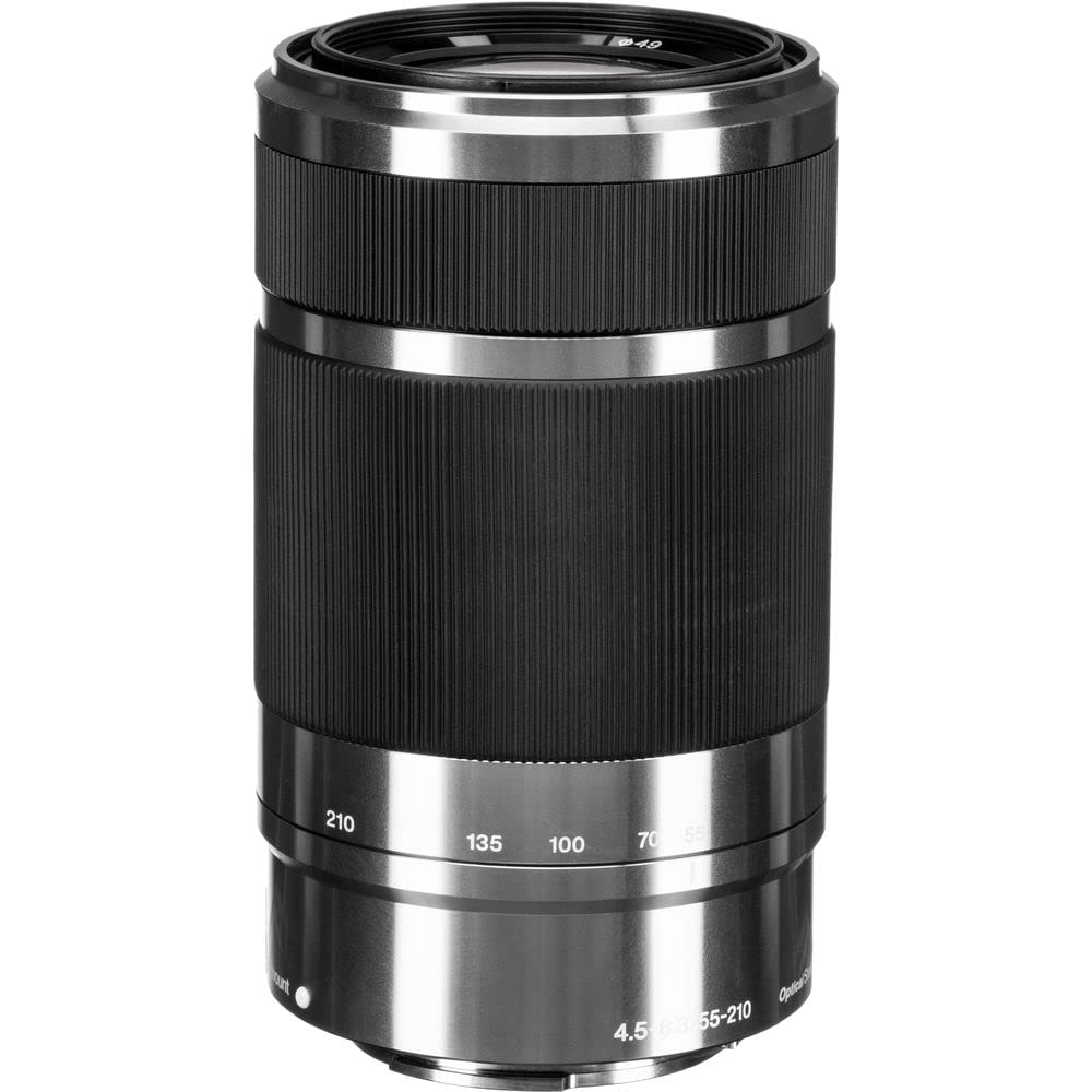 Sony E 55-210mm f/4.5-6.3 OSS Telephoto Zoom Lens (Silver) - SEL55210 with Filter Kit, Camera Backpack, 64GB SD Card, Card Reader, Flexible Tripod, Memory Wallet, Lens Cap Keeper, Cleaning Kit & Hand Strap (Renewed) - Perfect for Travel Photography, Wildlife Shooting & Vlogging