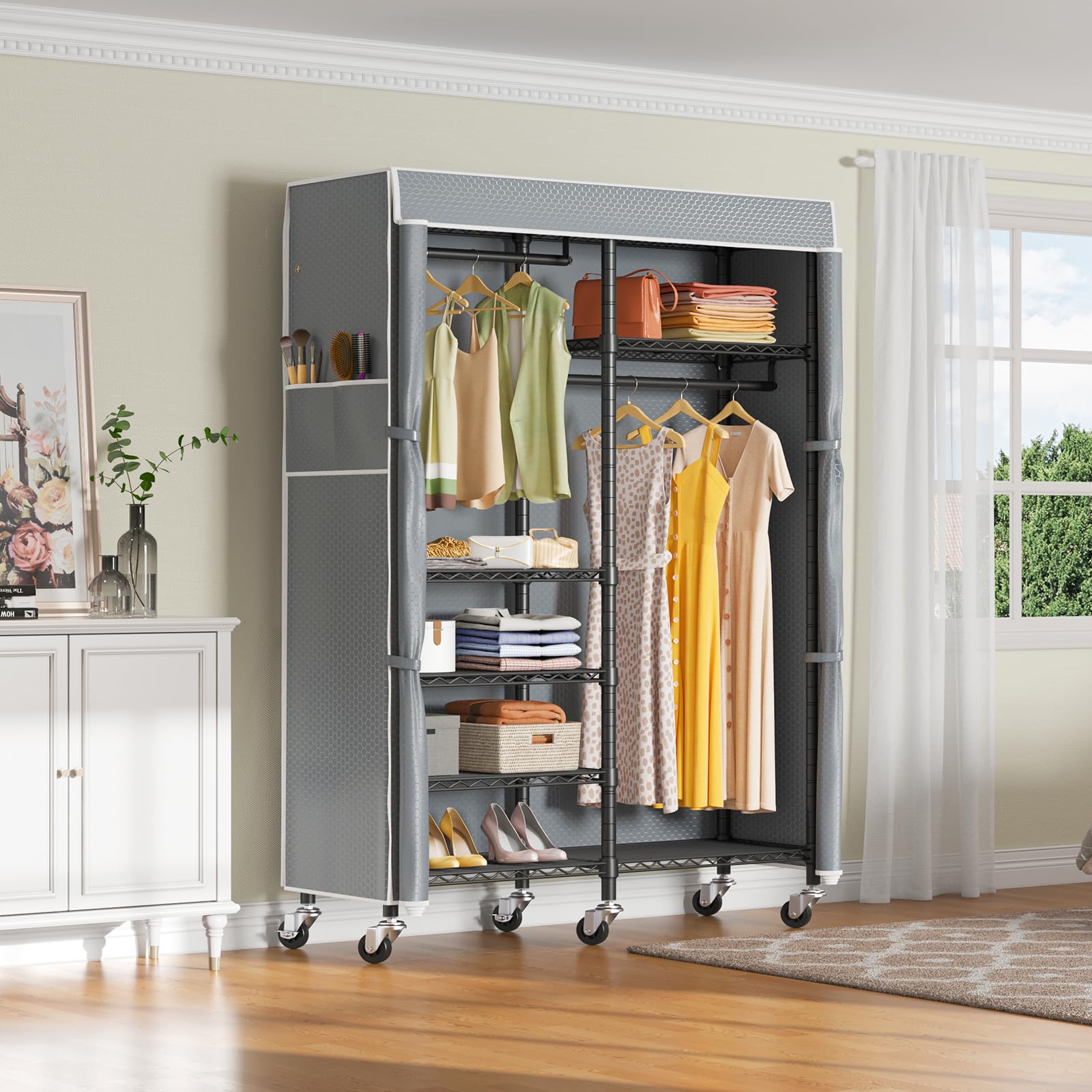 VIPEK R4C 6-Tier Adjustable Heavy Duty Rolling Garment Rack with Lockable Wheels - Black Metal Clothing Rack with Grey Polyester Cover (620lbs Capacity) - Perfect for Retail Stores, Boutiques, Closet Organization & Laundry Room Storage