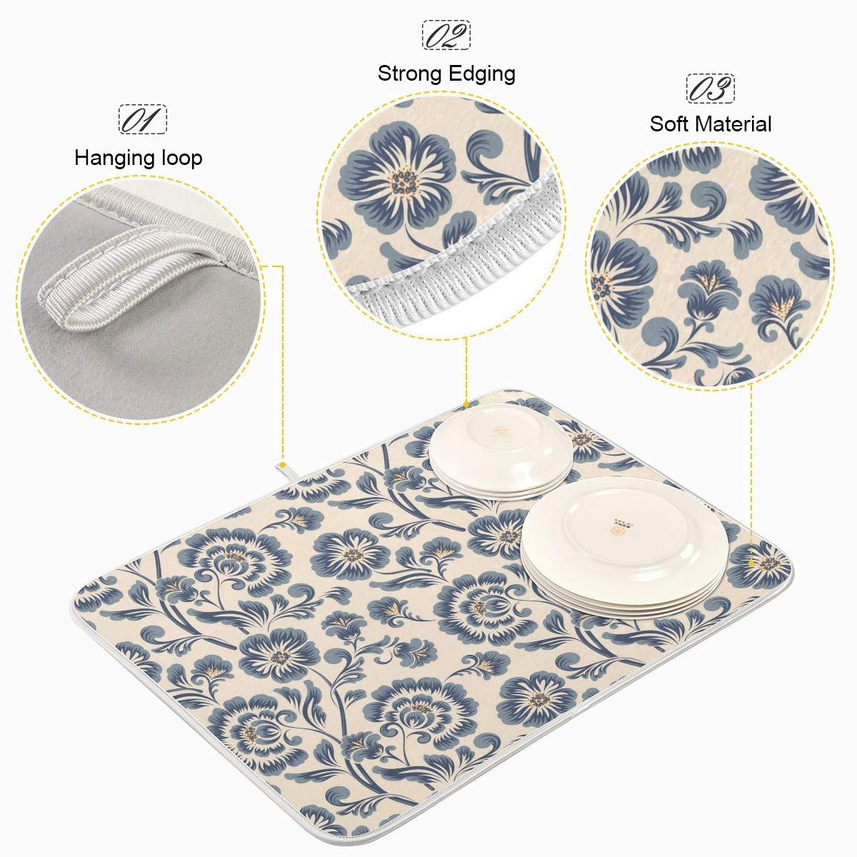 Blue Peony Flowers Dish Drying Mat - 18x24 Inch Absorbent Microfiber Kitchen Counter Mat for Dishes, Utensils & Cookware - Fast Drying, Non-Slip, Beige Kitchen Accessories - Perfect for Countertops, Sink Areas & Dish Racks