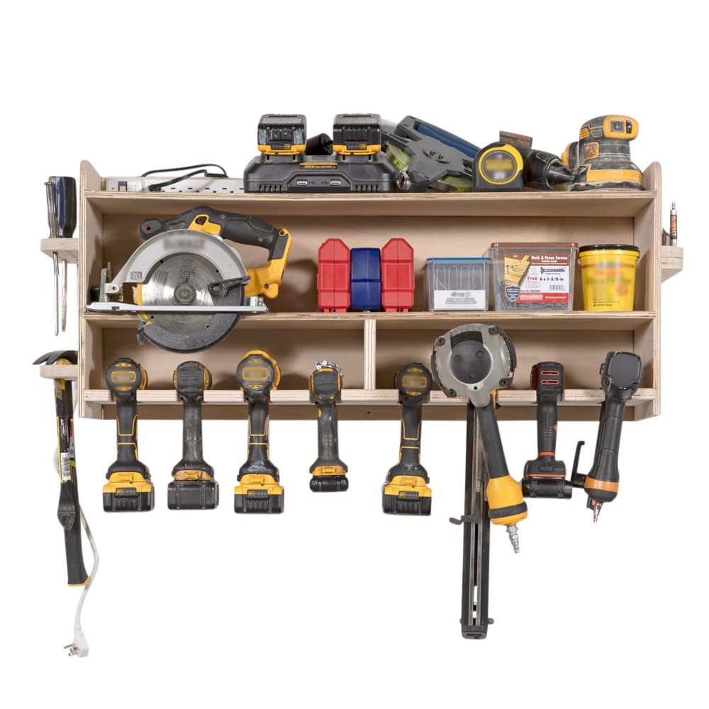 SHEDorize Cordless Tool Shelf - Fully Assembled Power Tool Organizer & Storage Rack | Unfinished Wooden Workshop Organizer | Made in USA | Perfect for Garage, Shed & DIY Workspace Organization