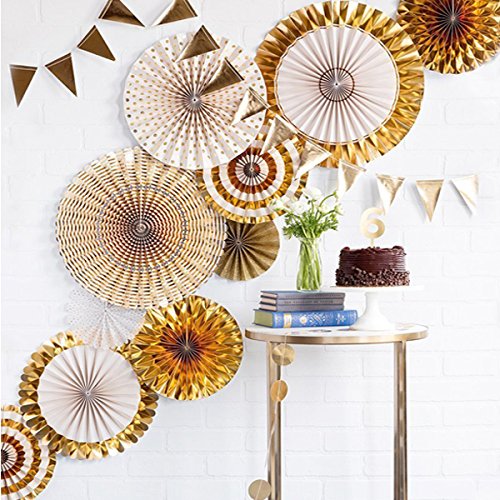 8 Pack Gold Glitter Hanging Garland Fans - Perfect for Birthday, Wedding, Baby Shower, Bridal & Valentine's Day Party Decorations | Elegant Paper Fan Decor for Girls' Events & Home Celebration