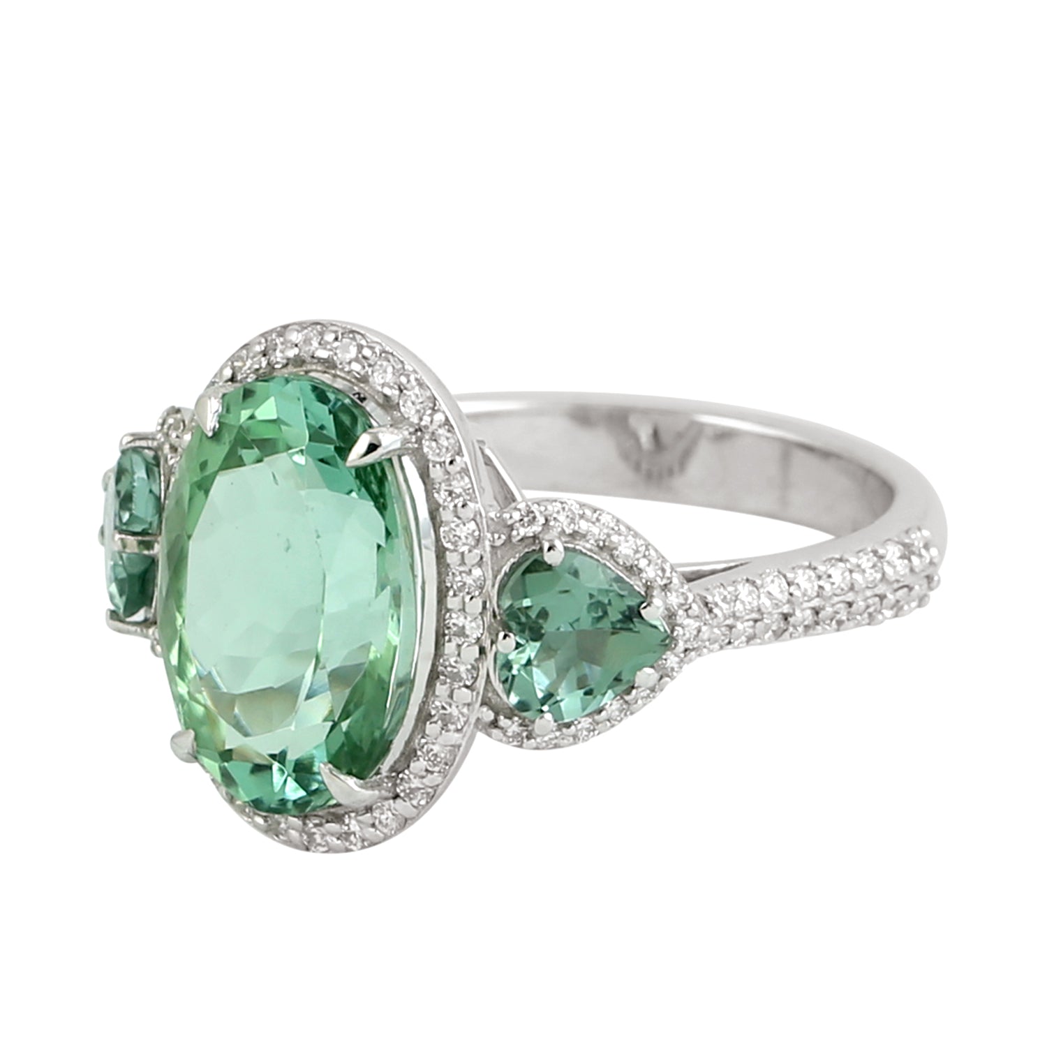 18K White Gold Faceted Green Tourmaline Pave Diamond Three Stone Ring - Perfect for Engagement, Anniversary & Special Occasion Gifts