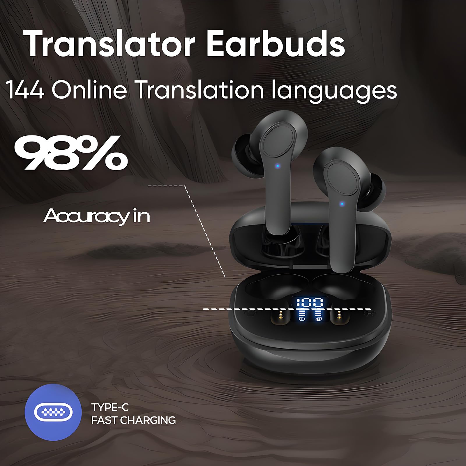 Real-Time Translation Earbuds - 144 Language Two-Way Translator for iOS & Android | 3-in-1 Wireless Earbuds with Accent Recognition | Perfect for Travel, Business Meetings & International Communication (Black)