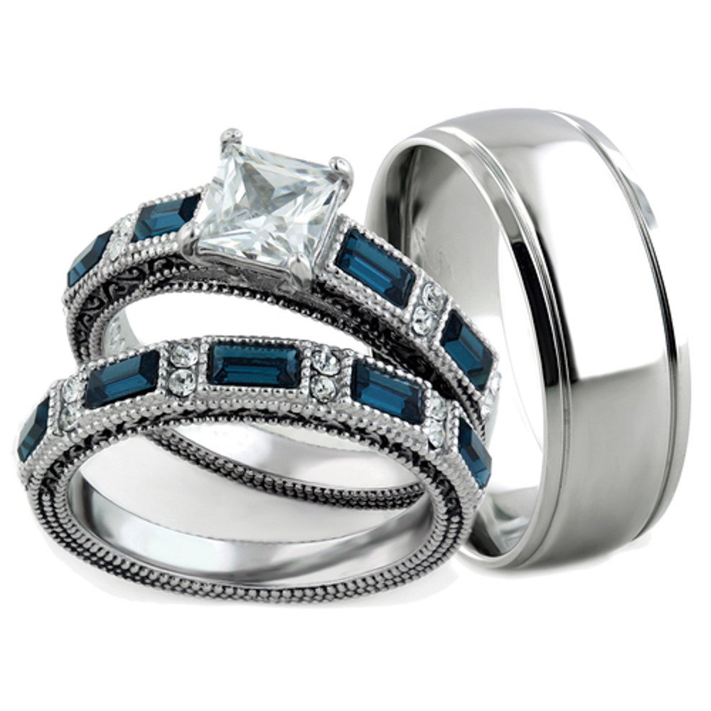 His & Her Stainless Steel Wedding Rings - Antique & Brush Metal Set for Couples