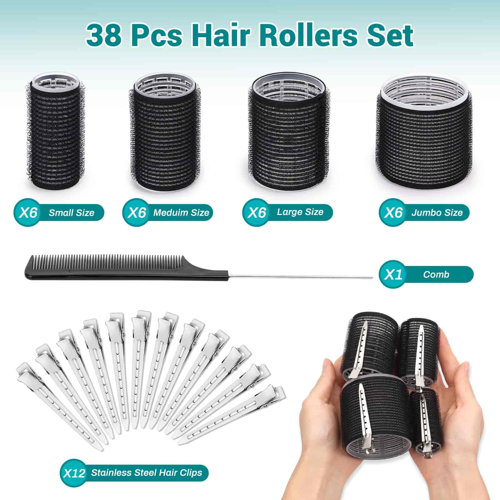 Acejoz 38 Pcs Self Grip Hair Rollers Set with 4 Sizes - Includes 12 Hair Clips, Comb & Storage Bag for Voluminous Blowout Hairstyles - Perfect for Salon, Home Styling & Party Looks (Black)
