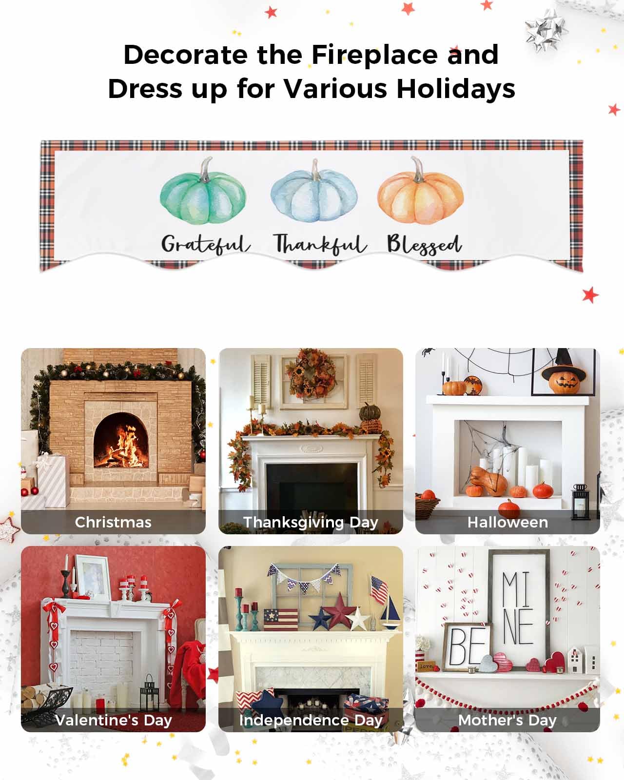Fall Fireplace Scarf - Pumpkin Thanksgiving Mantel Cover with Plaid Check Design for Fireplace Decor | Grateful Blessed Holiday Home Decor | Perfect for Indoor/Outdoor Use, Seasonal Parties & Cozy Gatherings