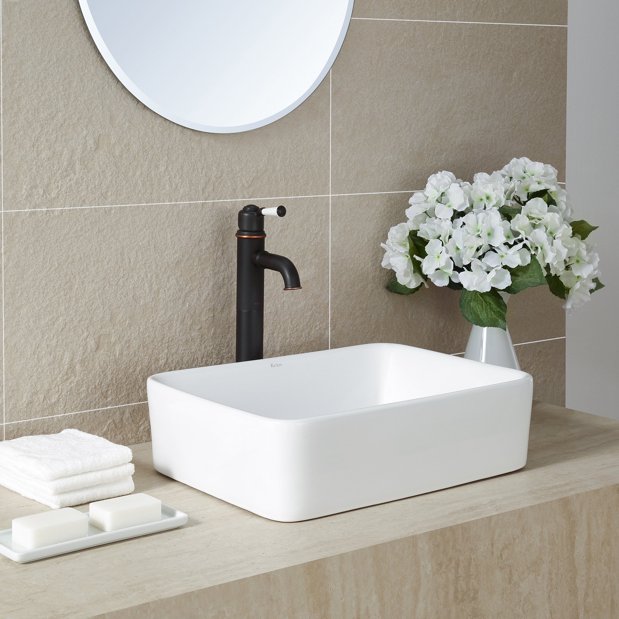 Kraus KCV-121-ORB White Rectangular Ceramic Kitchen Sink with Pop-Up Drain, Oil Rubbed Bronze Finish - Perfect for Modern Farmhouse & Rustic Bathroom Renovations