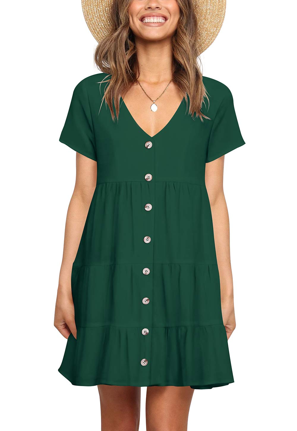 FOWSMON Women's Ruffle Short Sleeve V-Neck Swing Dress - Flowy Loose Printed Summer Dress for Beach, Vacation & Casual Outings