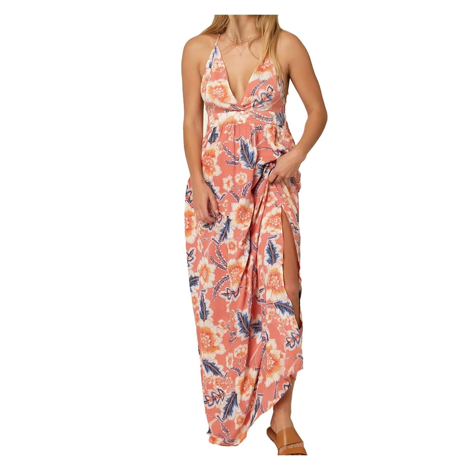 YLWX Women's Off the Shoulder Maxi Dress - Halter V-Neck Beach Sundress with Side Slit, Flowy Long Swing Dress for Summer Vacation, Party & Boho Style | Perfect for Beach Getaways, Date Nights and Music Festivals
